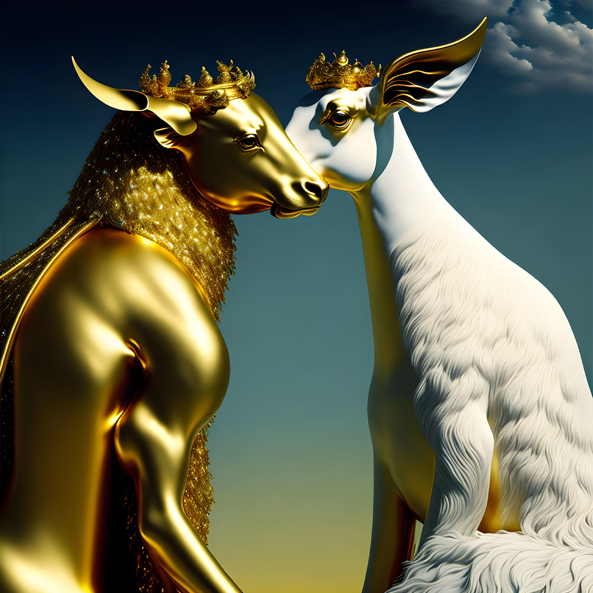 Stylized gold and white cows with crowns gazing under blue sky