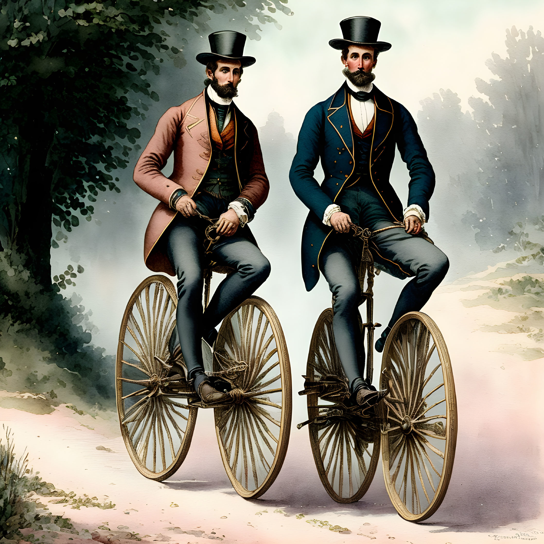 Vintage Attired Men Riding High-Wheel Bicycles Outdoors