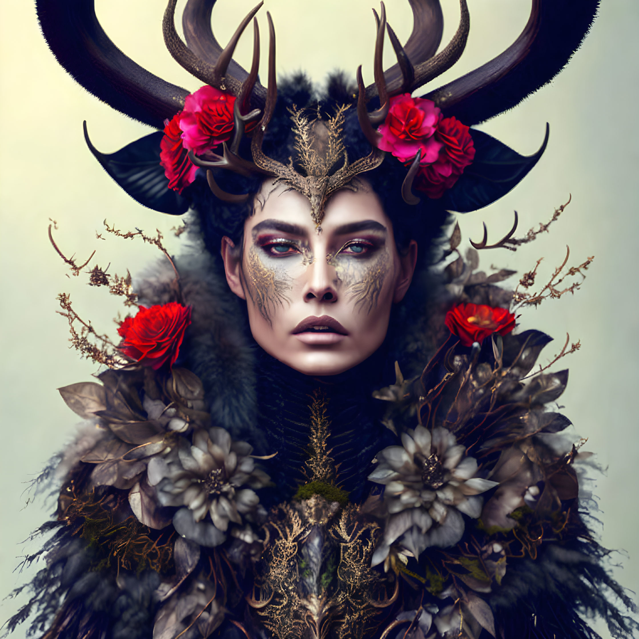 Person adorned with dramatic makeup and antler headdress with red flowers and foliage, embodying fantastical