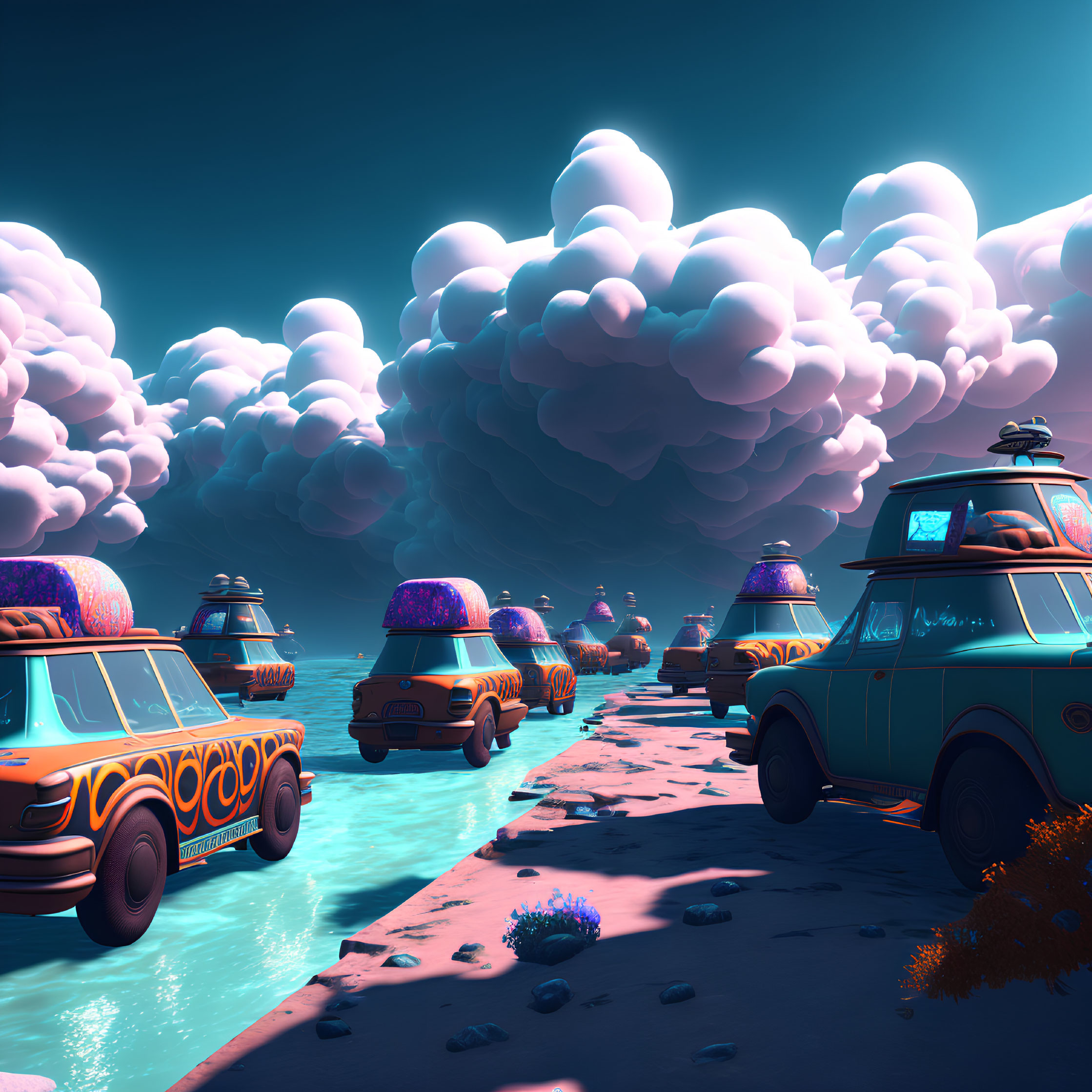 Colorful retro-futuristic caravan of vans crossing alien landscape under pink cloud sky