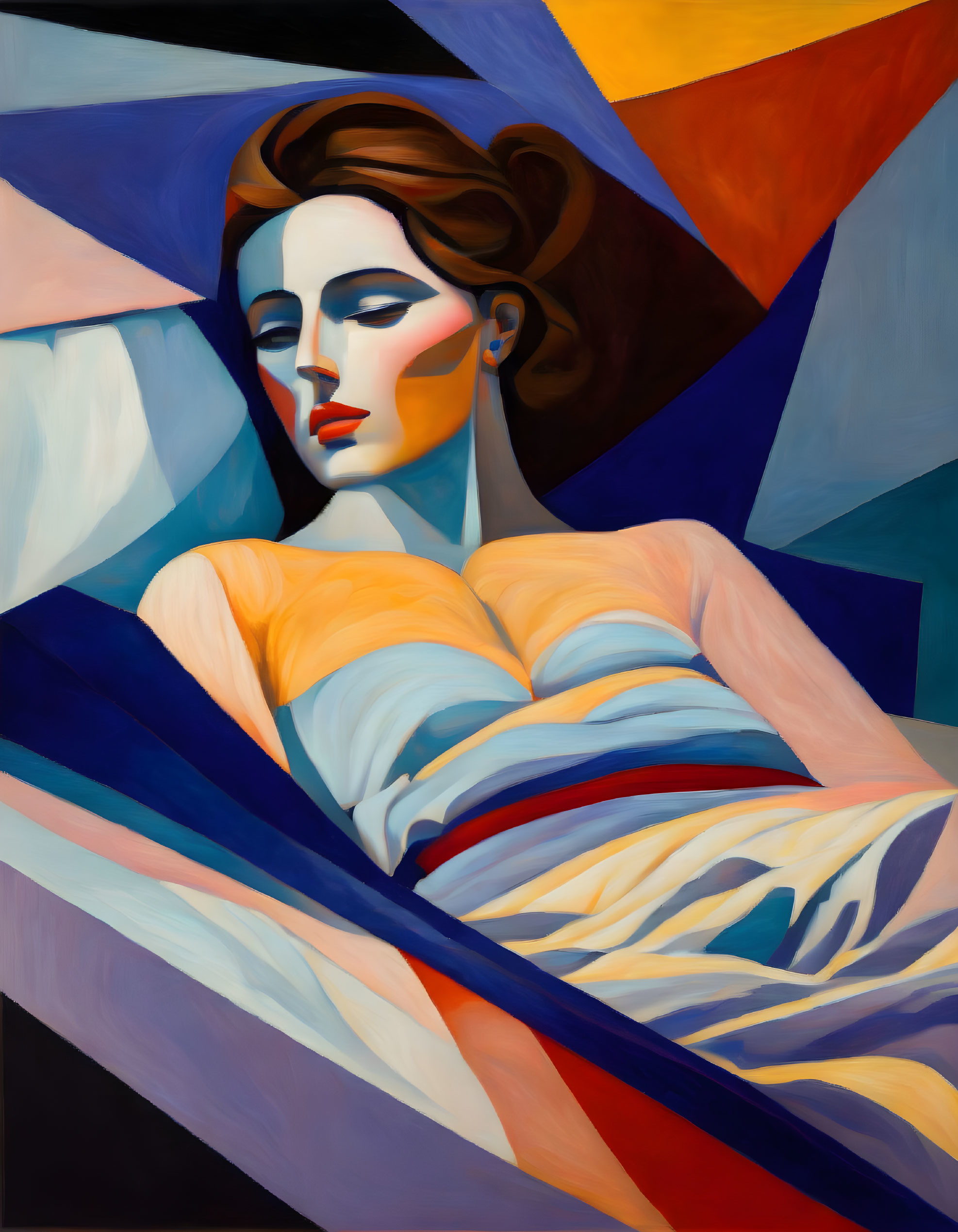 Colorful Abstract Portrait of Reclining Woman with Geometric Shapes