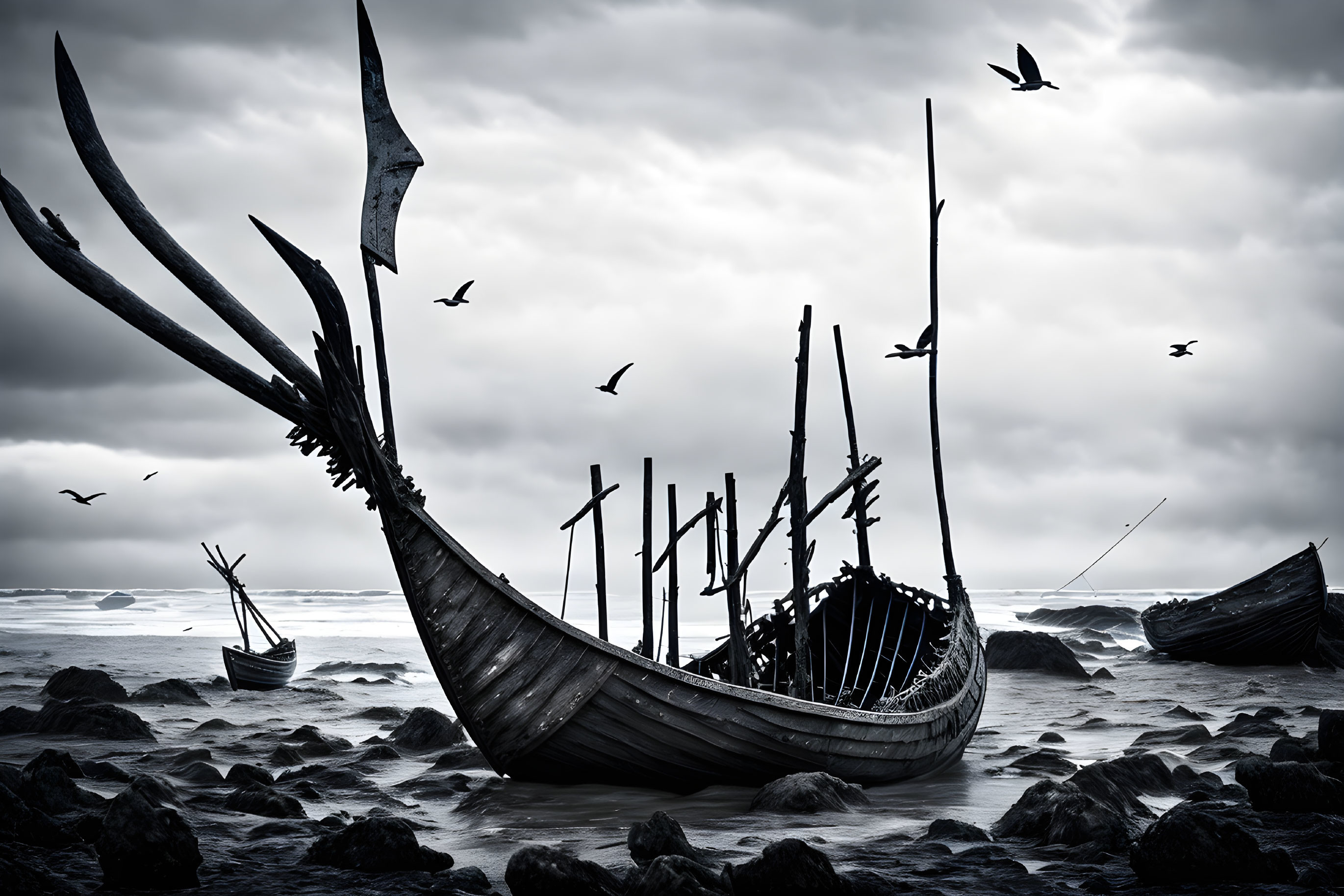 Grayscale shipwreck scene with wooden ribs on rocky shore