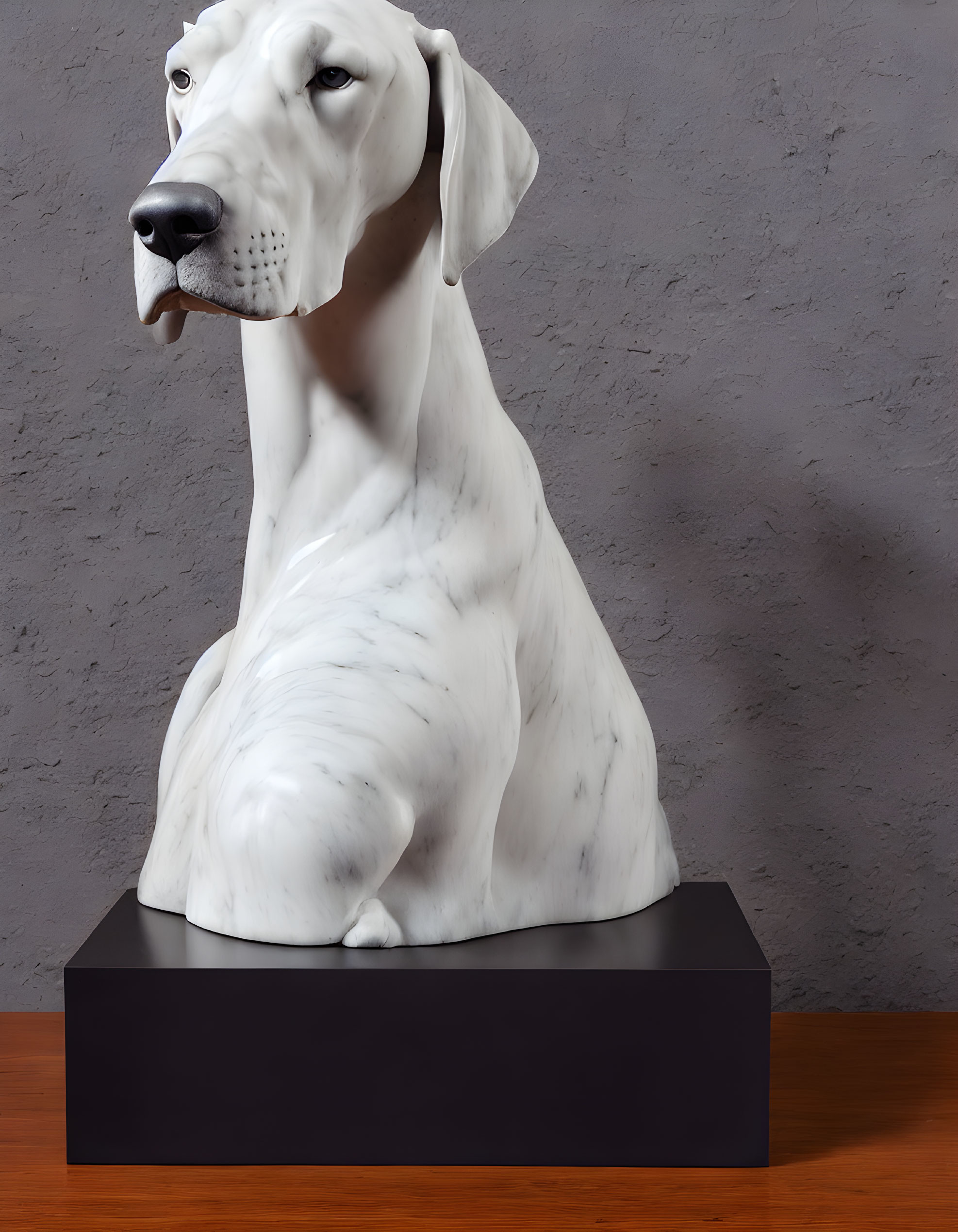 Detailed Great Dane Marble Sculpture on Black Pedestal & Grey Background