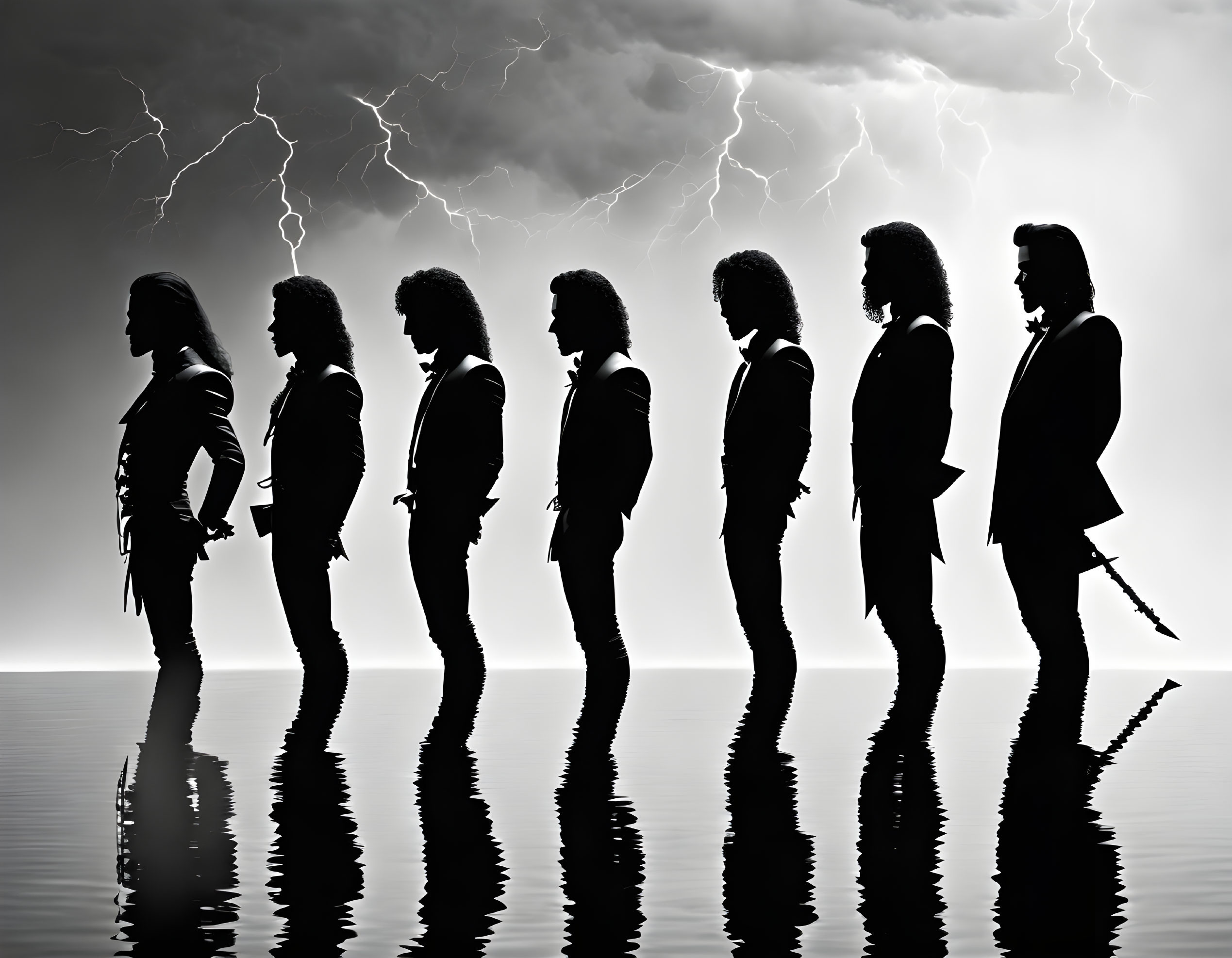 Seven silhouettes reflected on glossy surface under dramatic sky with lightning bolts.