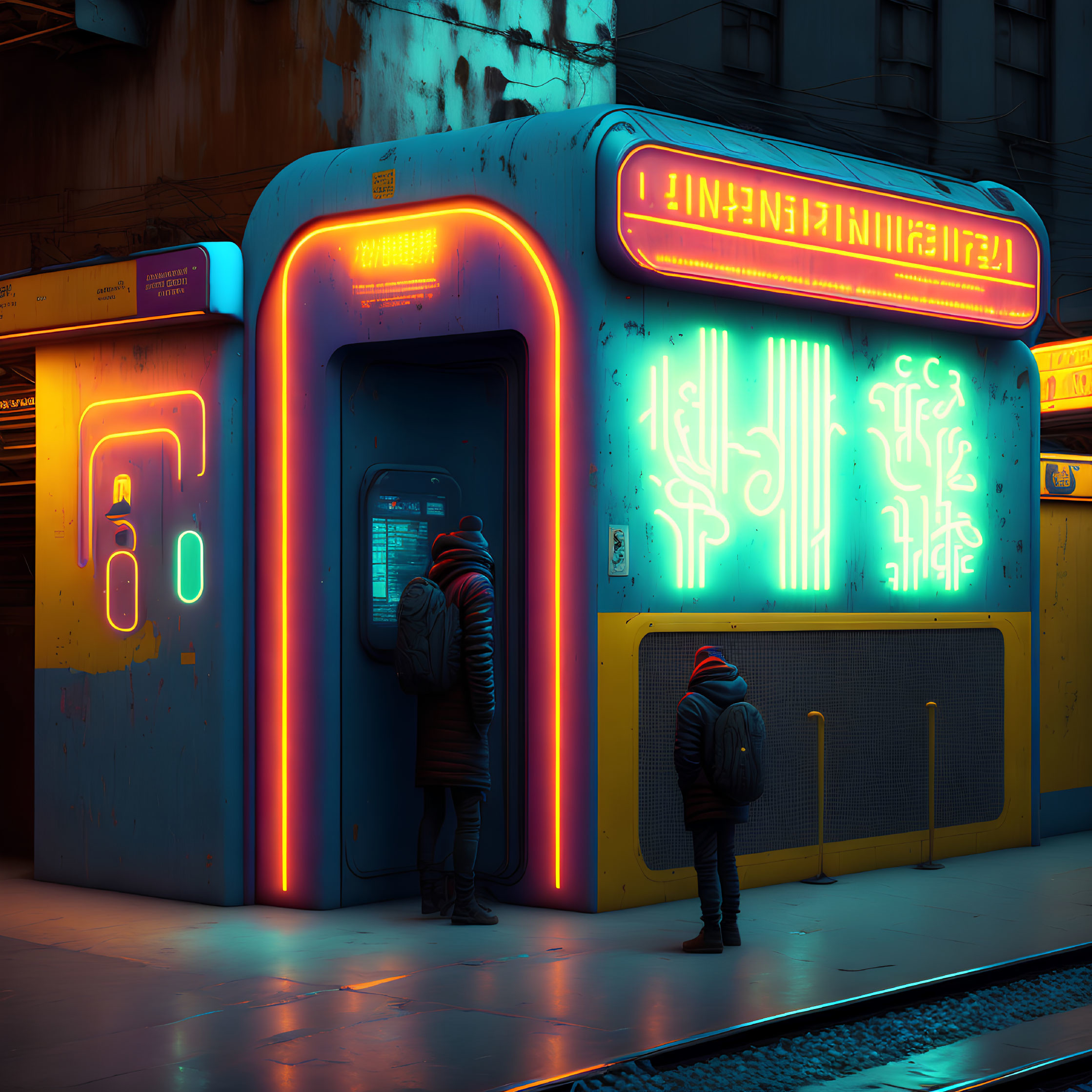 Futuristic ATM with neon signs in urban night scene