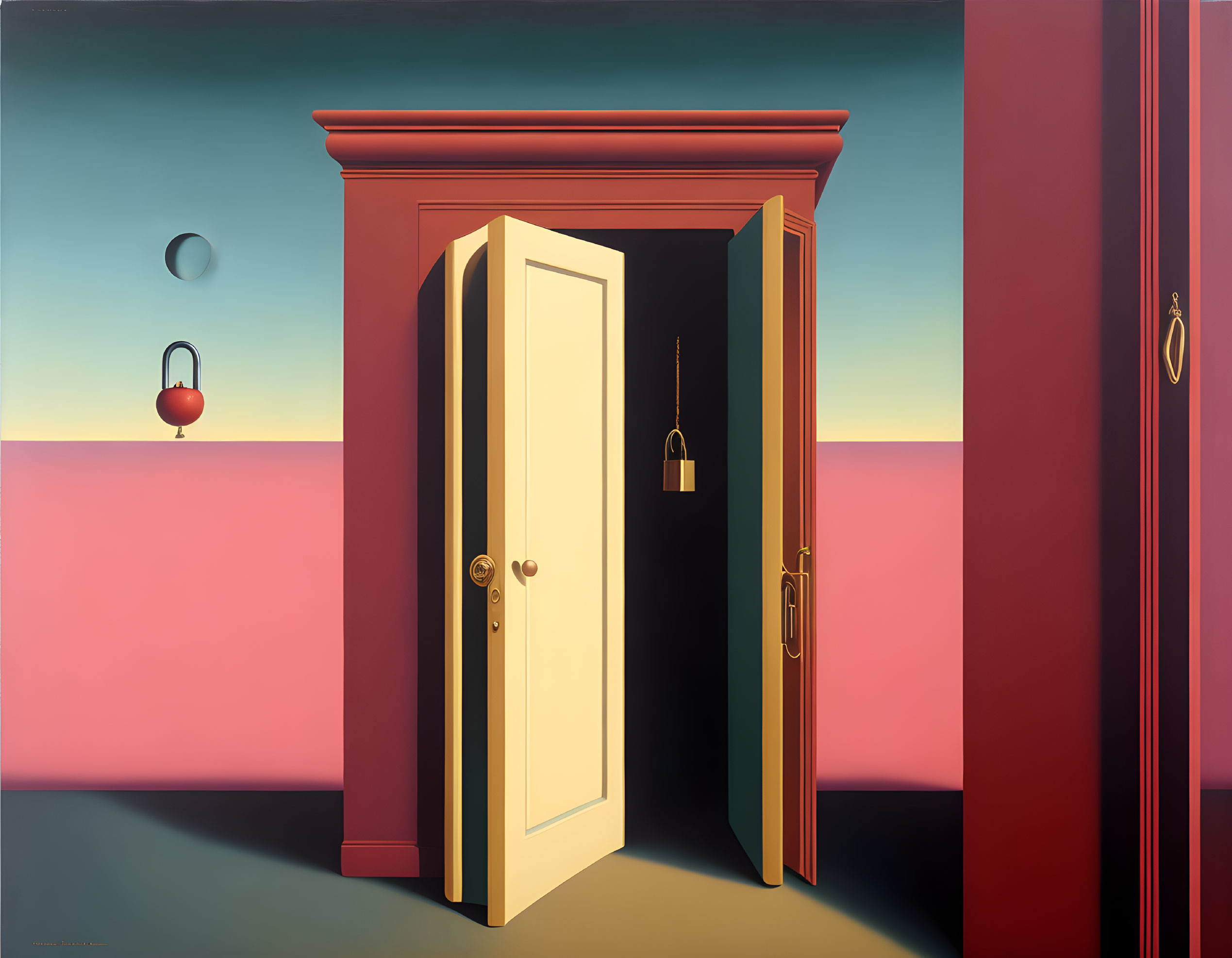 Surreal painting of open door frame, pink and blue sky, floating lamp and ball