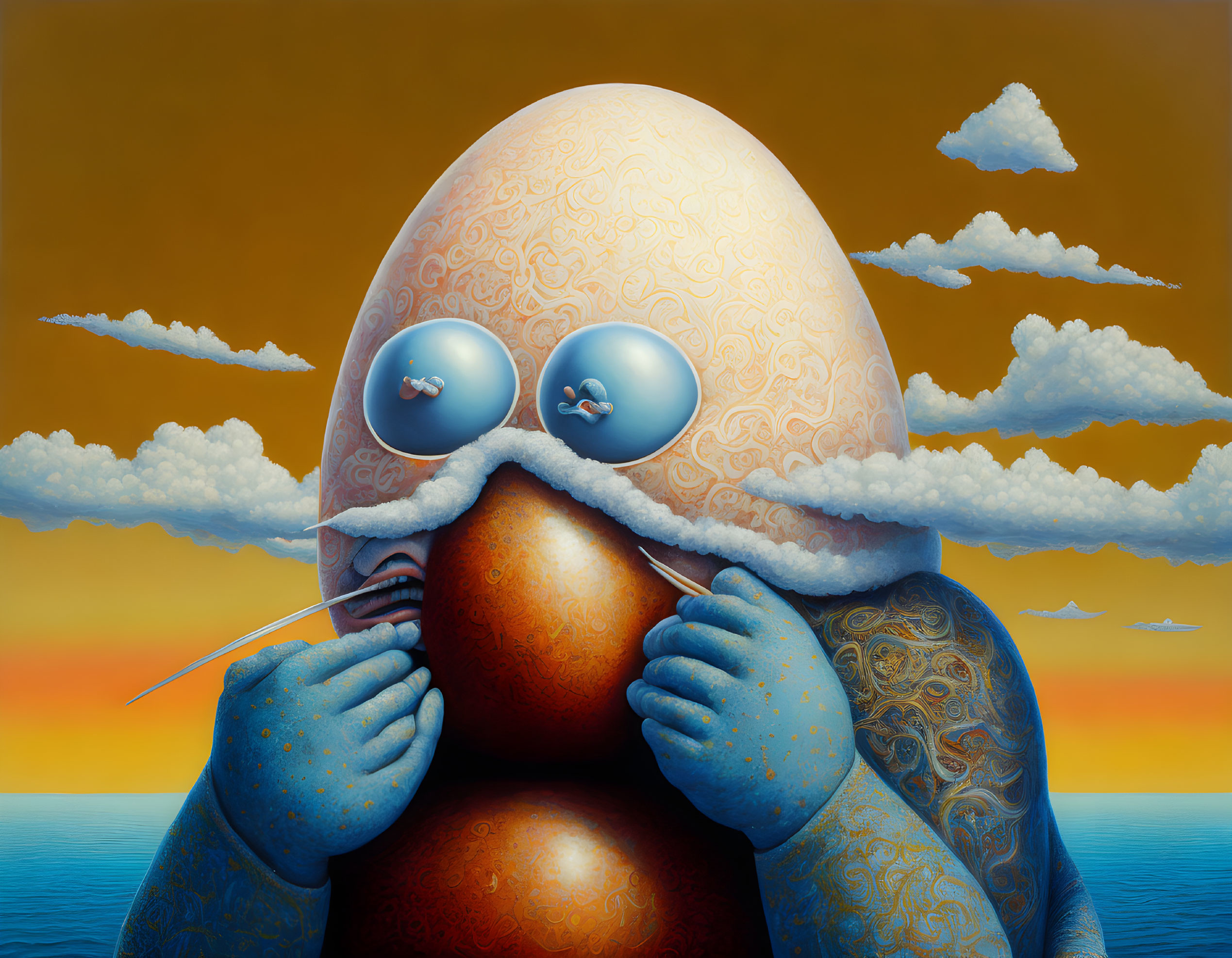 Surreal artwork featuring character with patterned skin and oversized blue eyes against orange sky and sea.