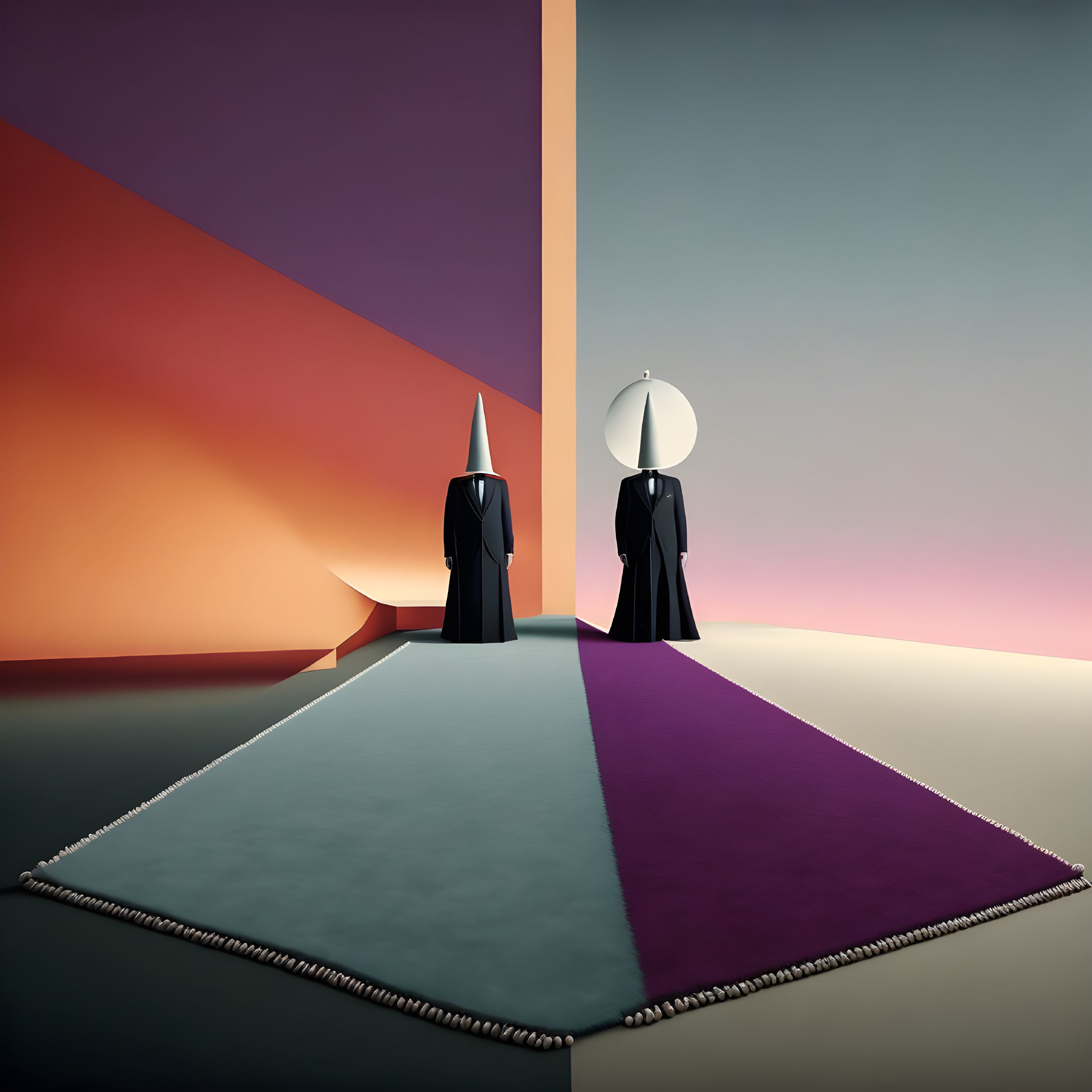 Abstract figures in robes and hats on geometric carpet with orange, purple, and green sections.