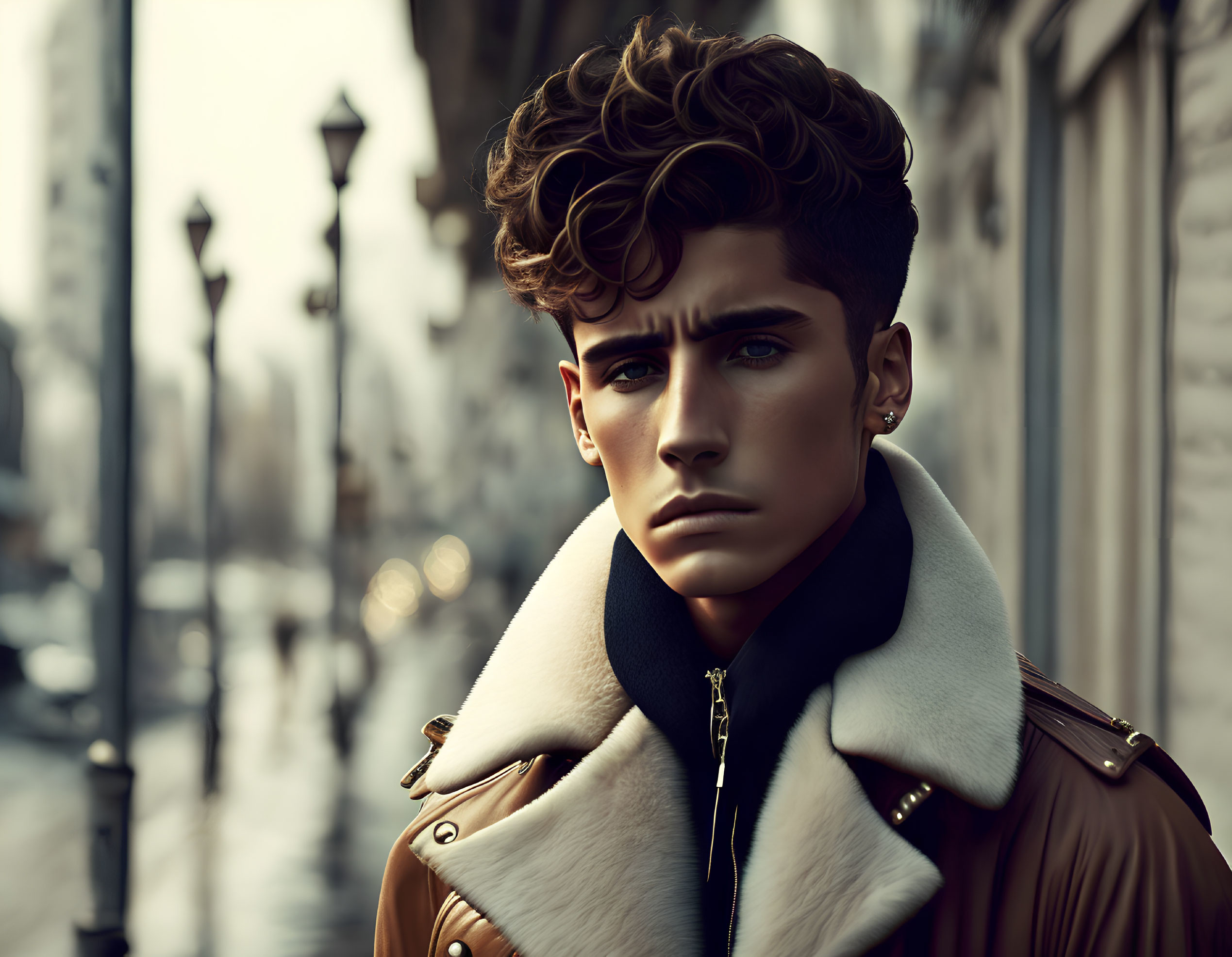 Curly-Haired Young Man in Stylish Brown Jacket on City Street