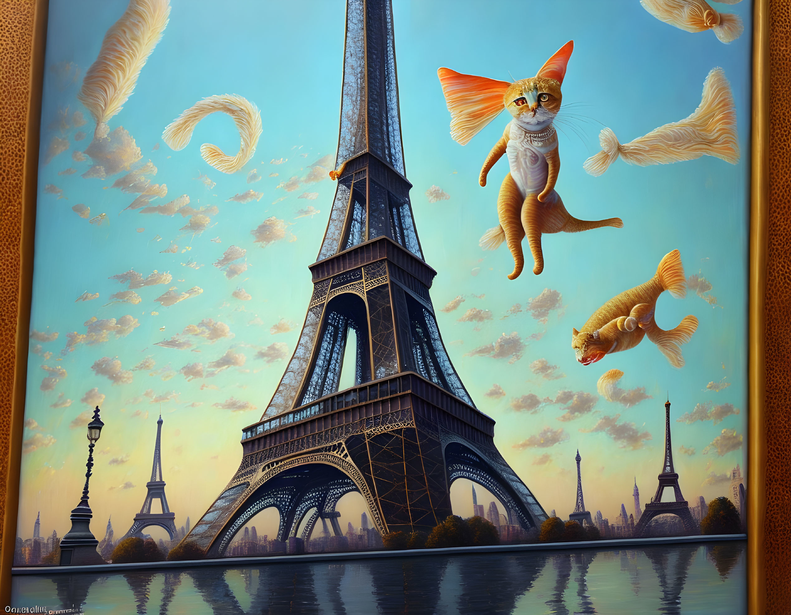 Fantasy artwork: Floating cat-fish around Eiffel Tower under blue sky.