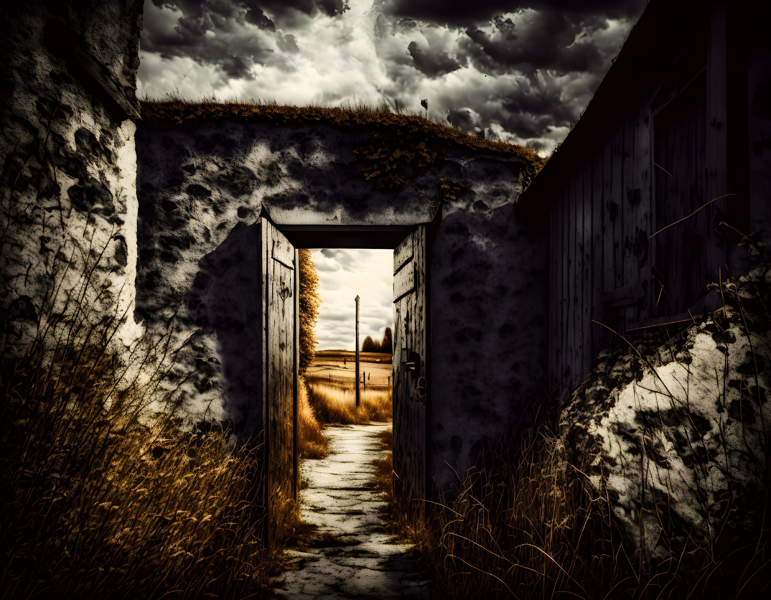 Weathered gate opens to overgrown path under dramatic sky