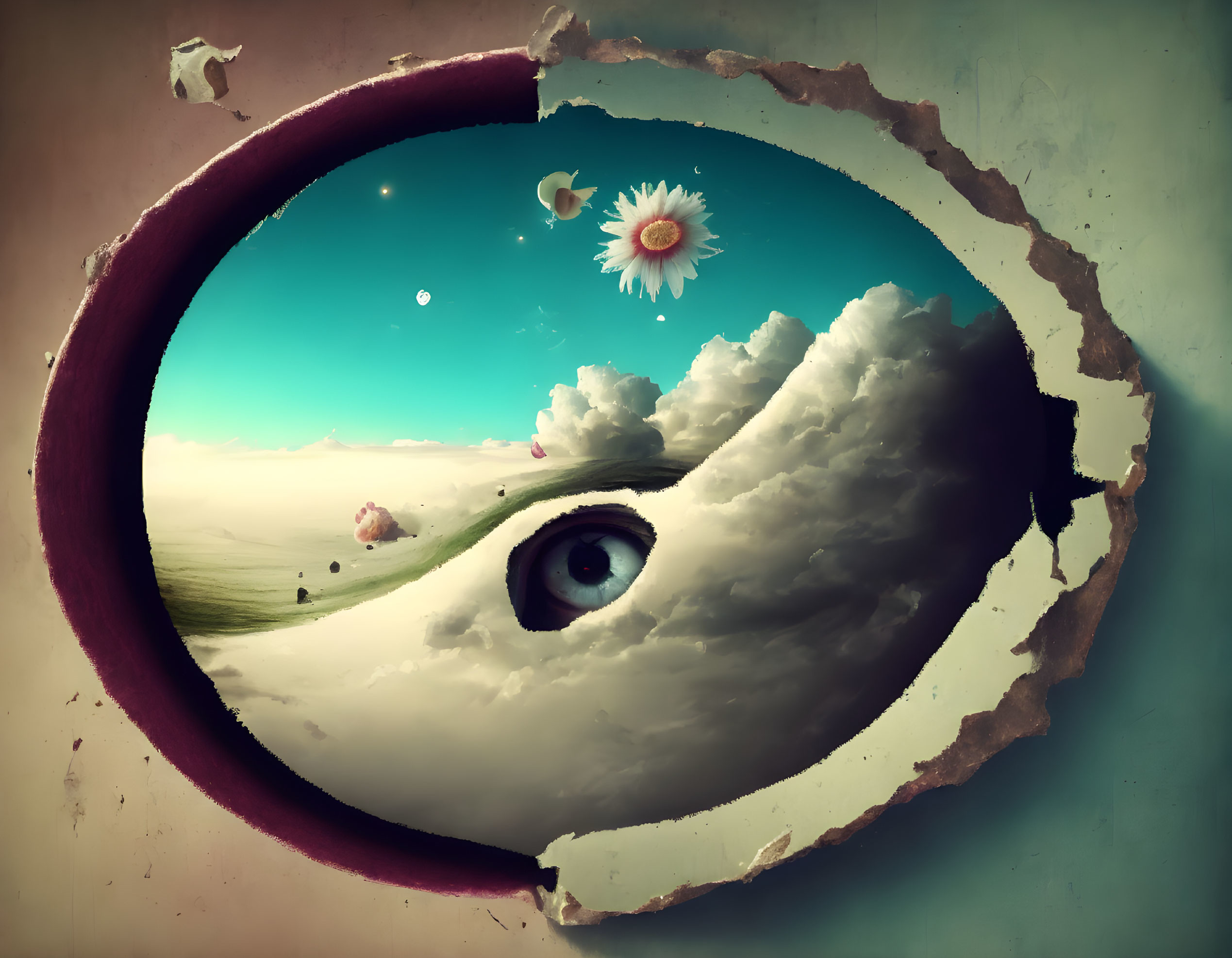 Circular hole reveals surreal eye landscape with clouds and floating flowers