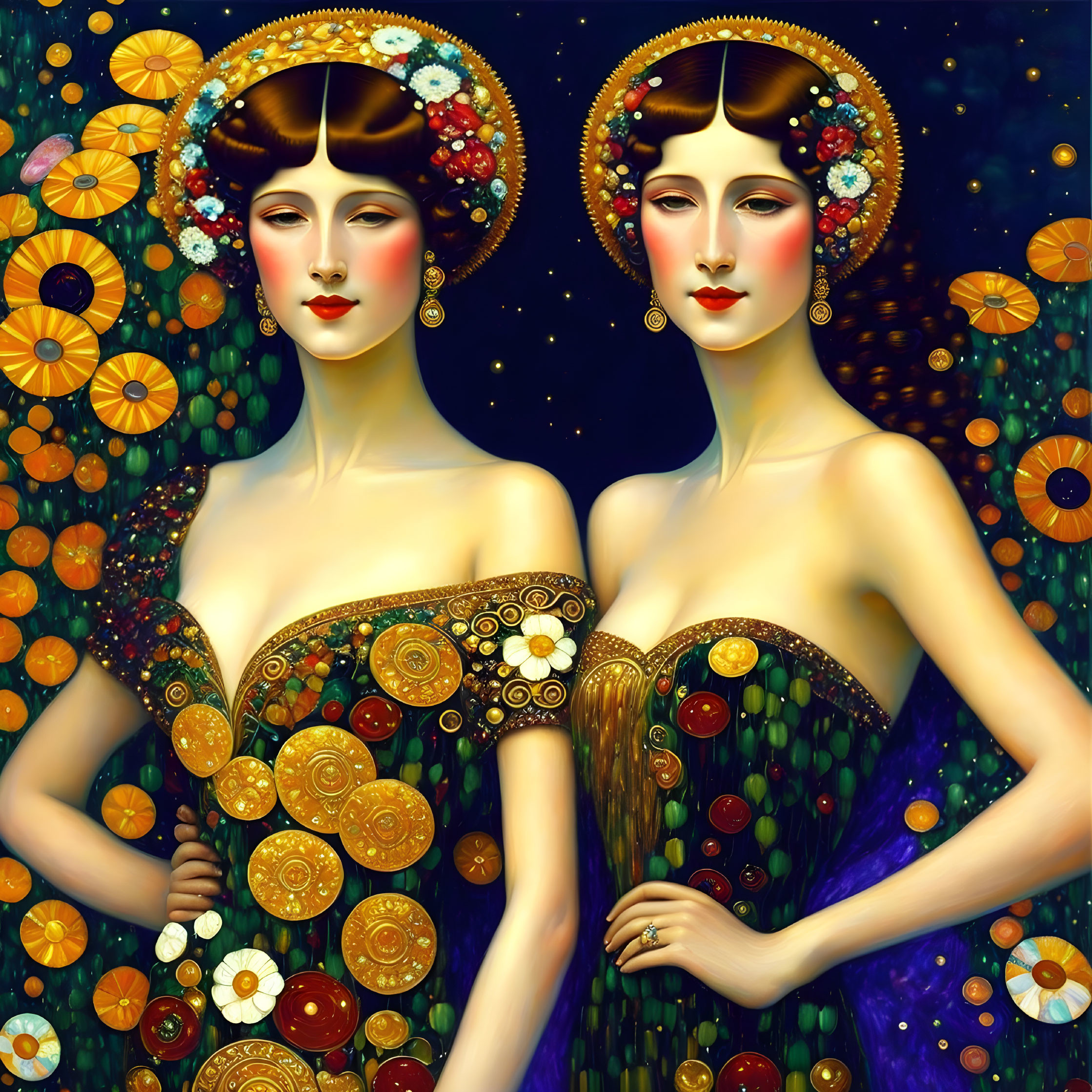 Stylized women with ornate headdresses in celestial setting