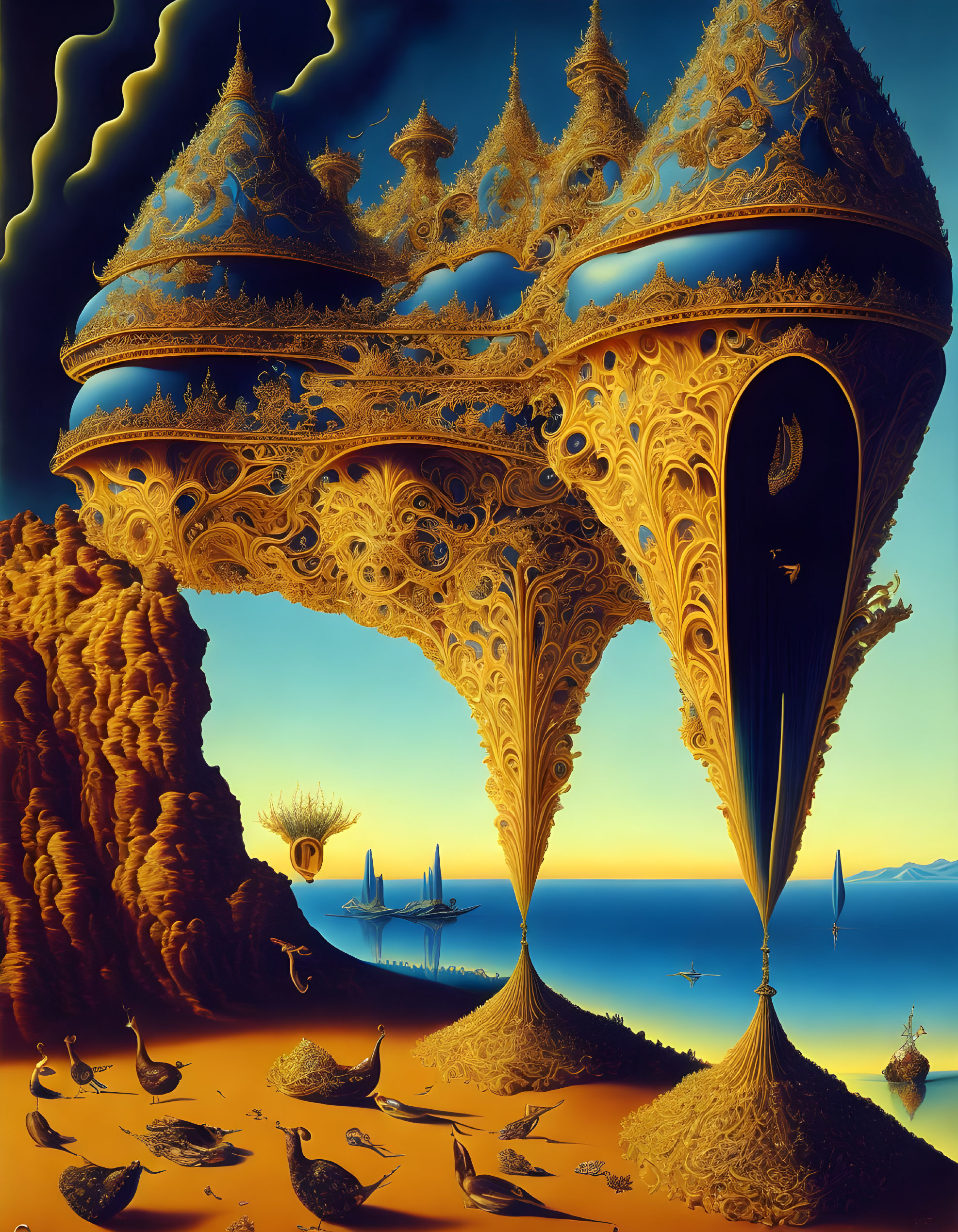 Detailed Golden Fantasy Structure Over Surreal Landscape