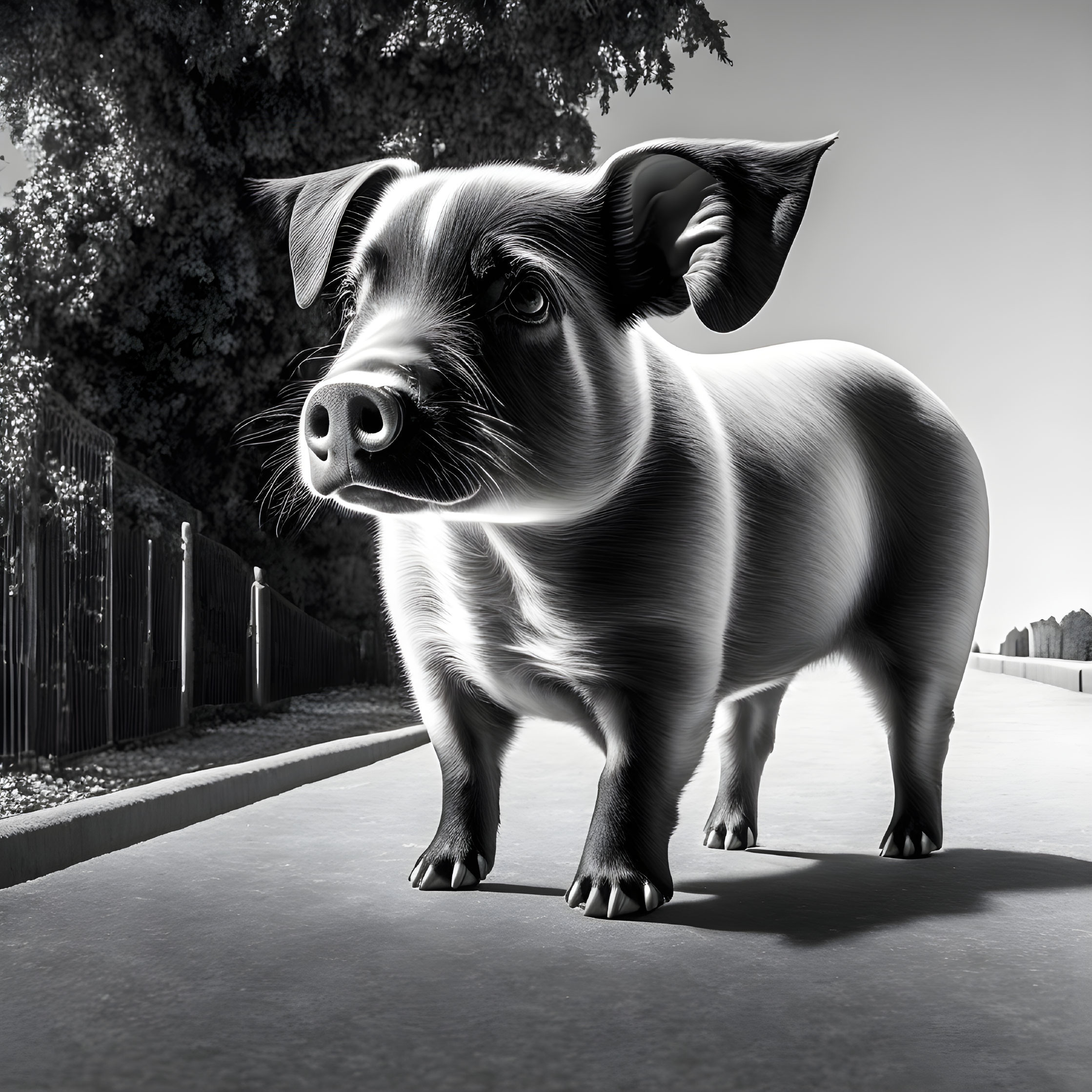 Monochrome image of glossy pig on sidewalk with fence and trees in background