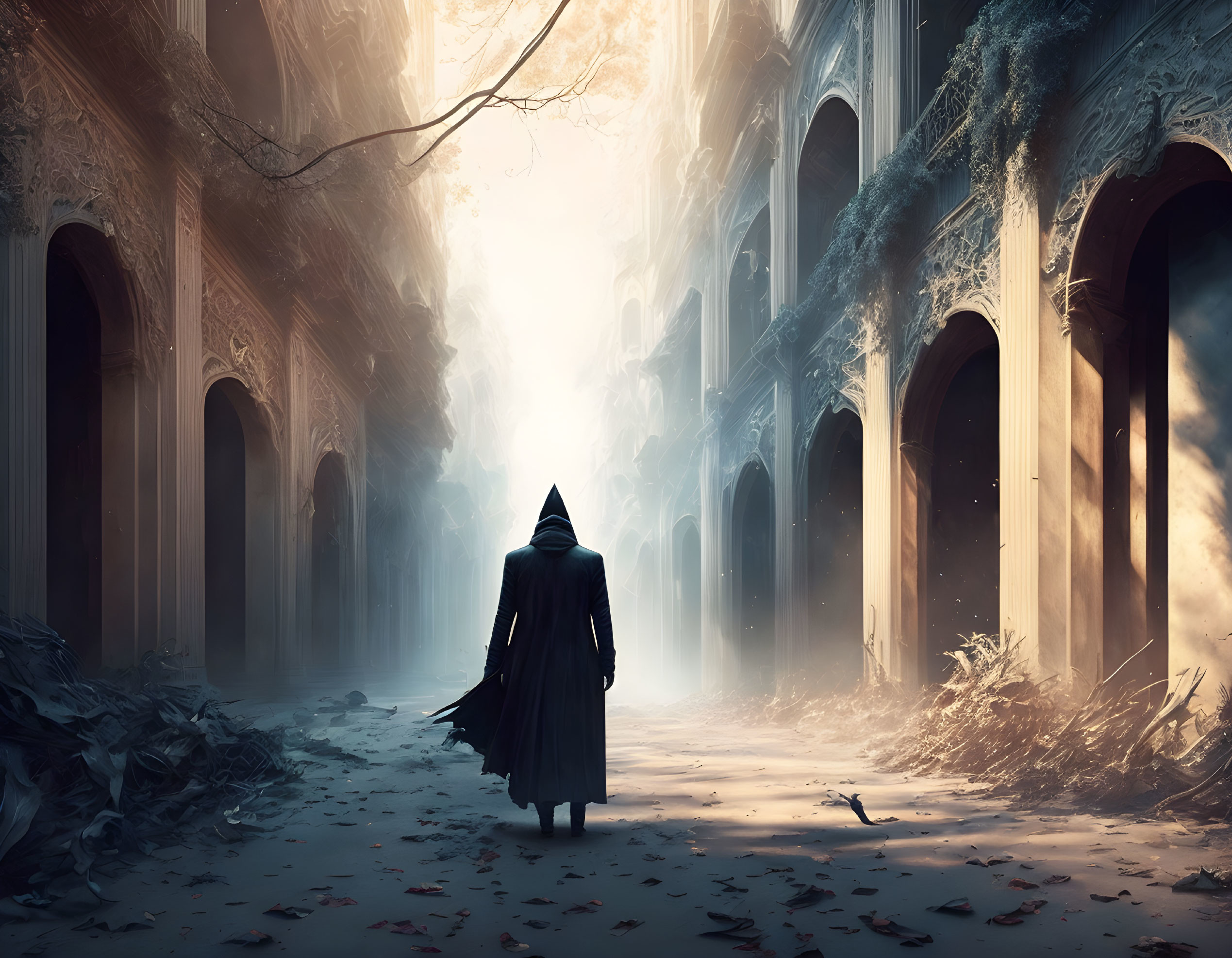 Cloaked figure walking in sunlit path with arches and ruins