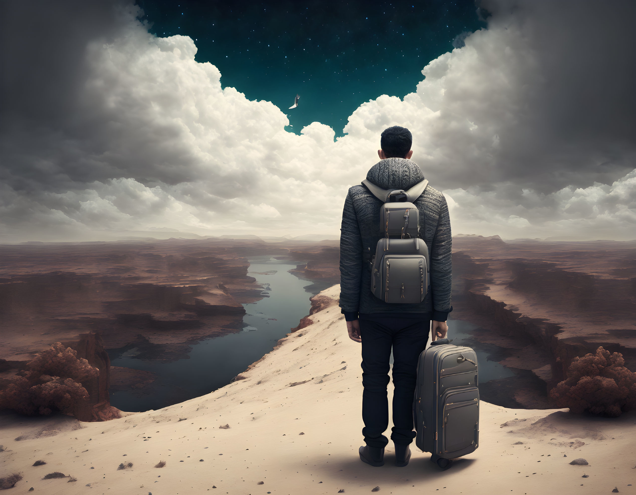 Person overlooking surreal landscape with water channels on sandy rise