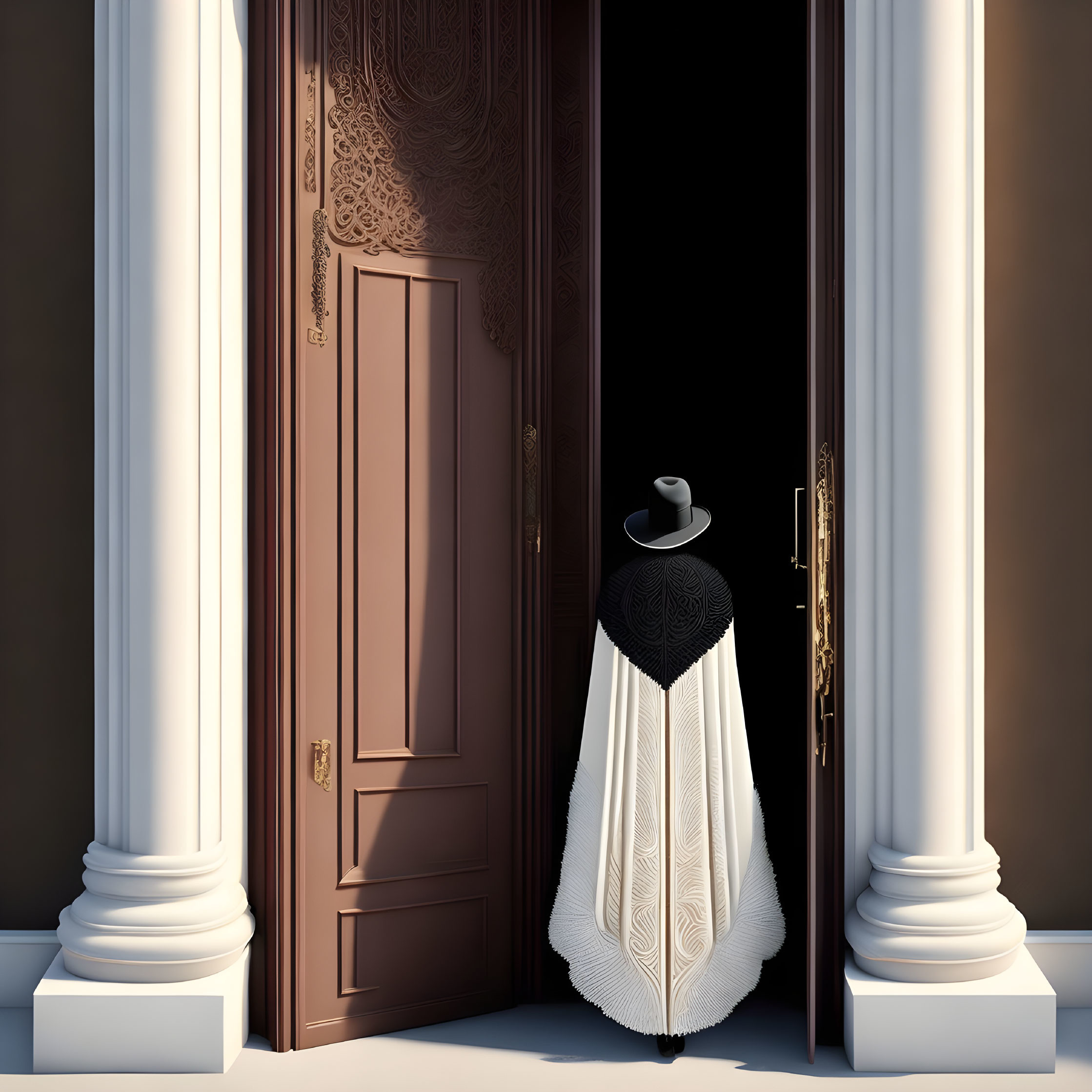 Mannequin with black top and draped fabric next to ornate wooden door and classical columns