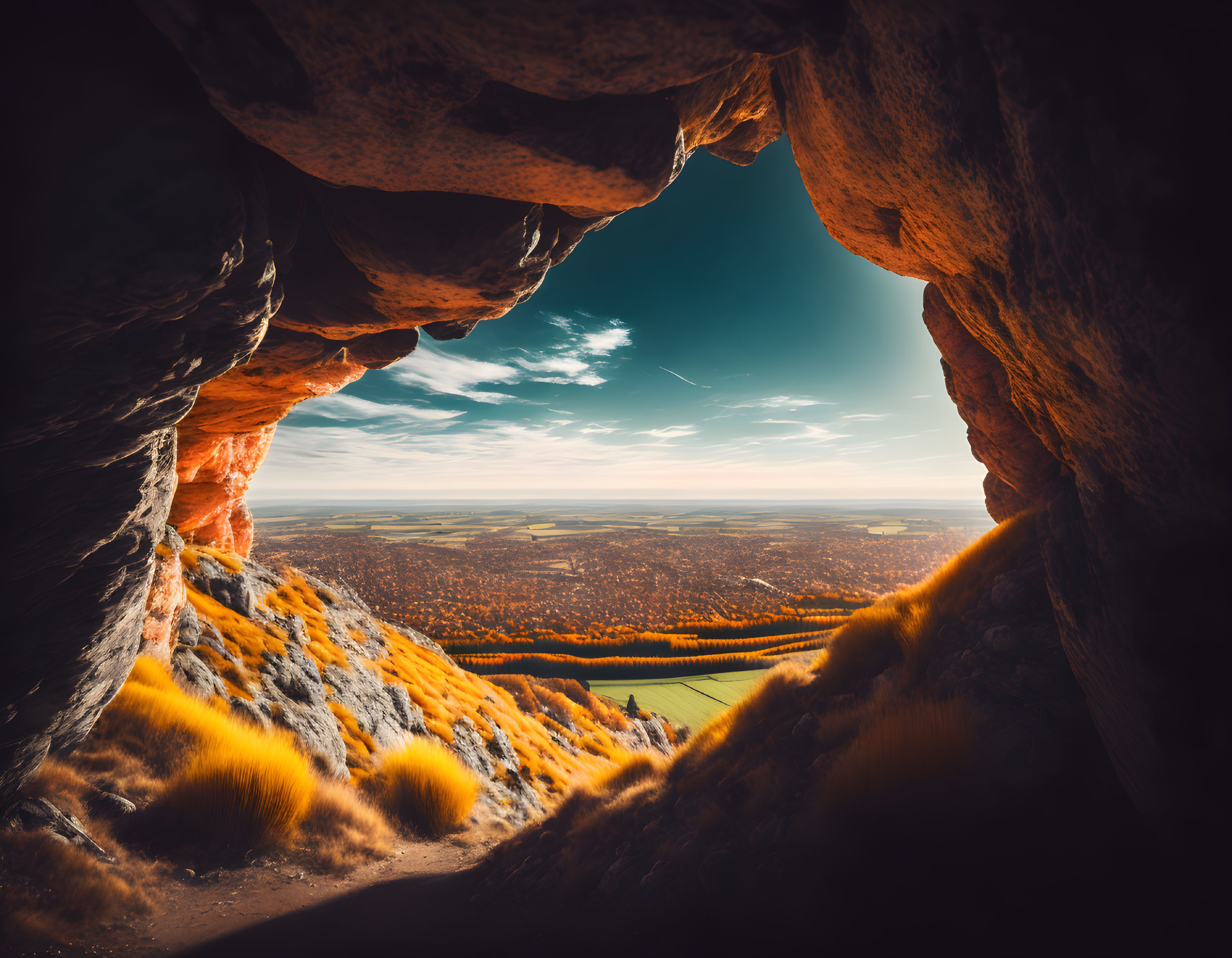 Majestic cave interior overlooking golden field and rocky walls