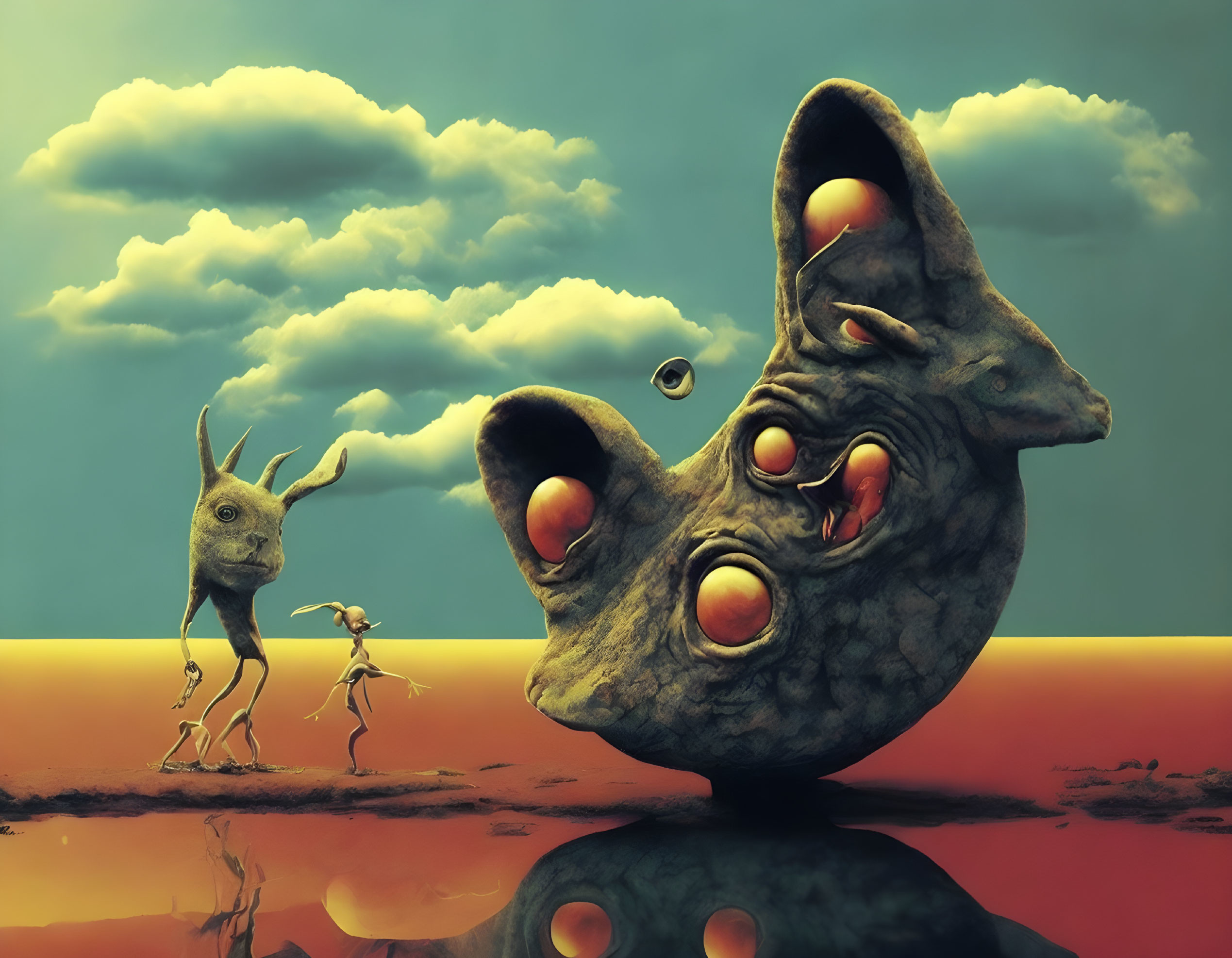 Surreal anthropomorphic creatures with elongated limbs walk near egg-filled rock formations under a blue-orange