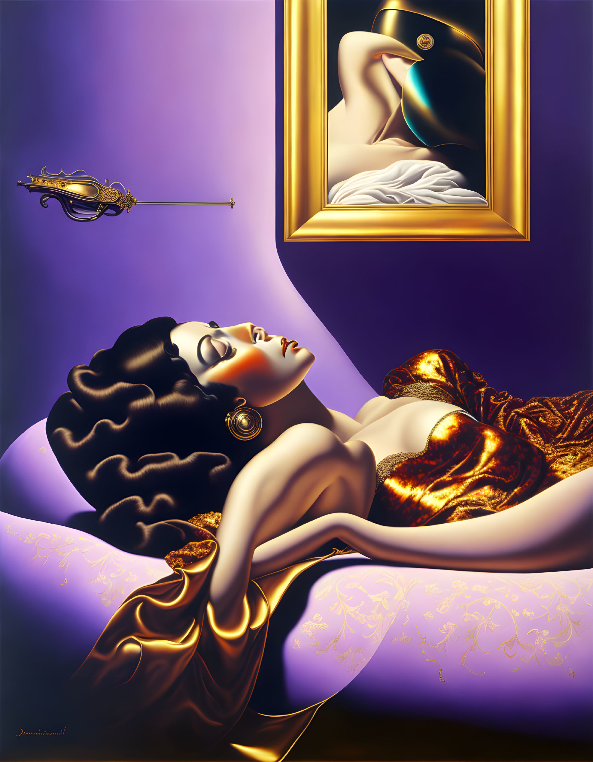 Artwork featuring reclined woman in golden attire, mirrored by framed painting against purple backdrop with floating violin