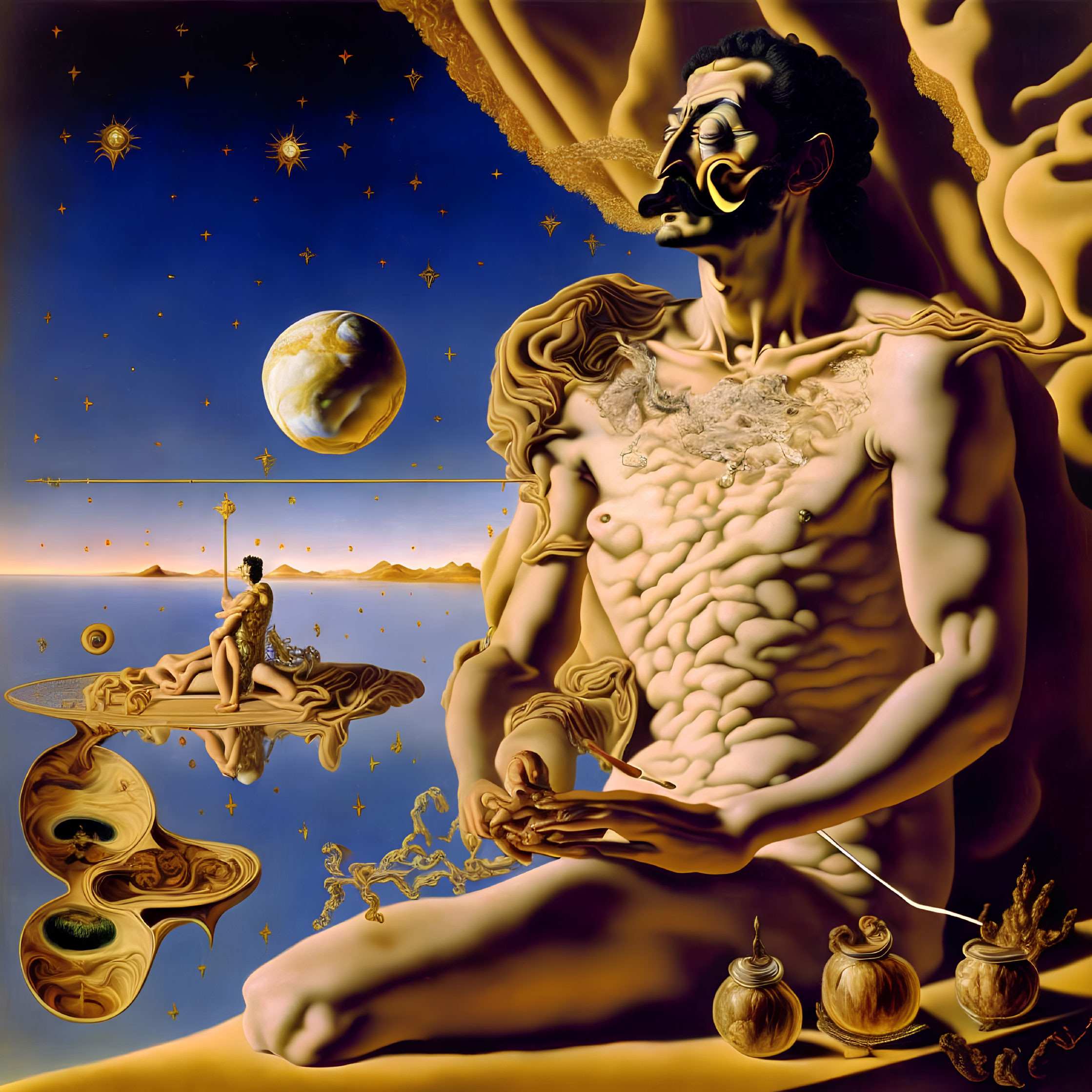 Surreal painting: Muscular figure in fantastical moonlit landscape