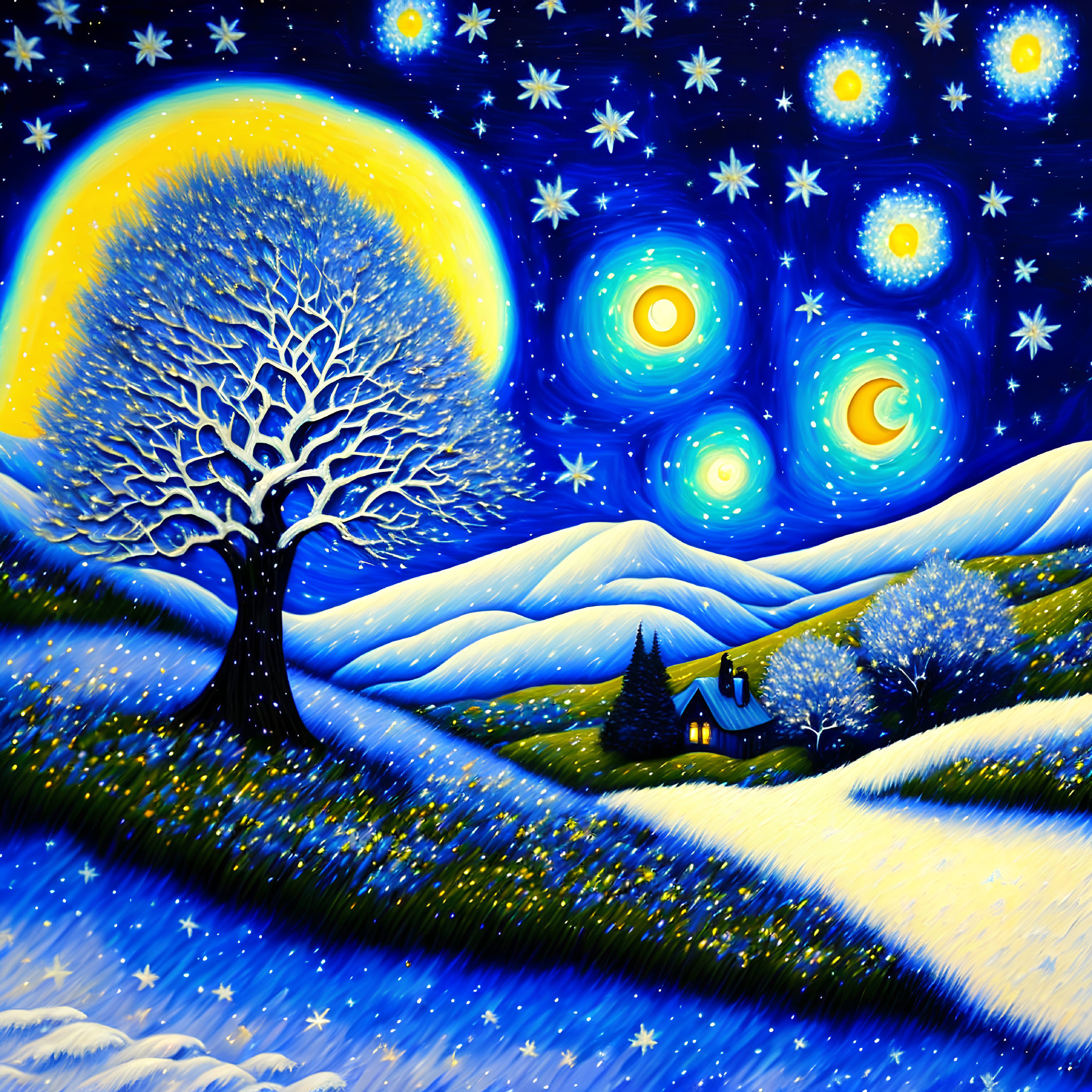 Starry Night Painting: Glowing Moon, Solitary Tree, Snowy Hills