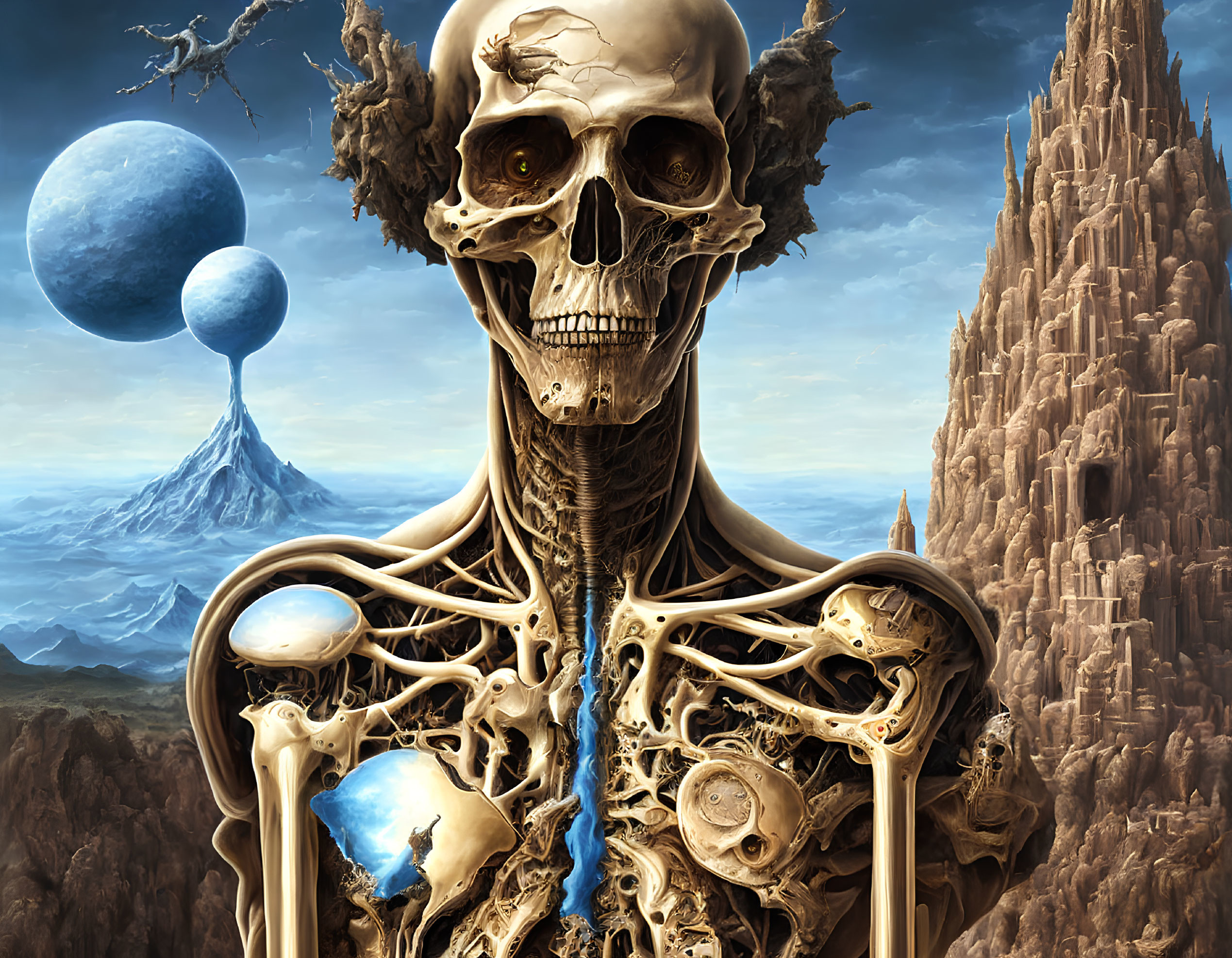 Detailed surreal artwork: skeletal figure in fantasy landscape