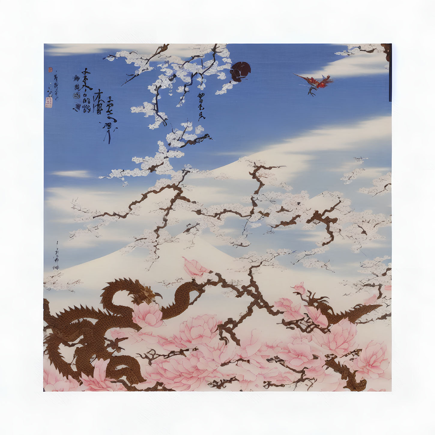 Asian-style painting: Cherry tree, dragon, clouds, blue sky