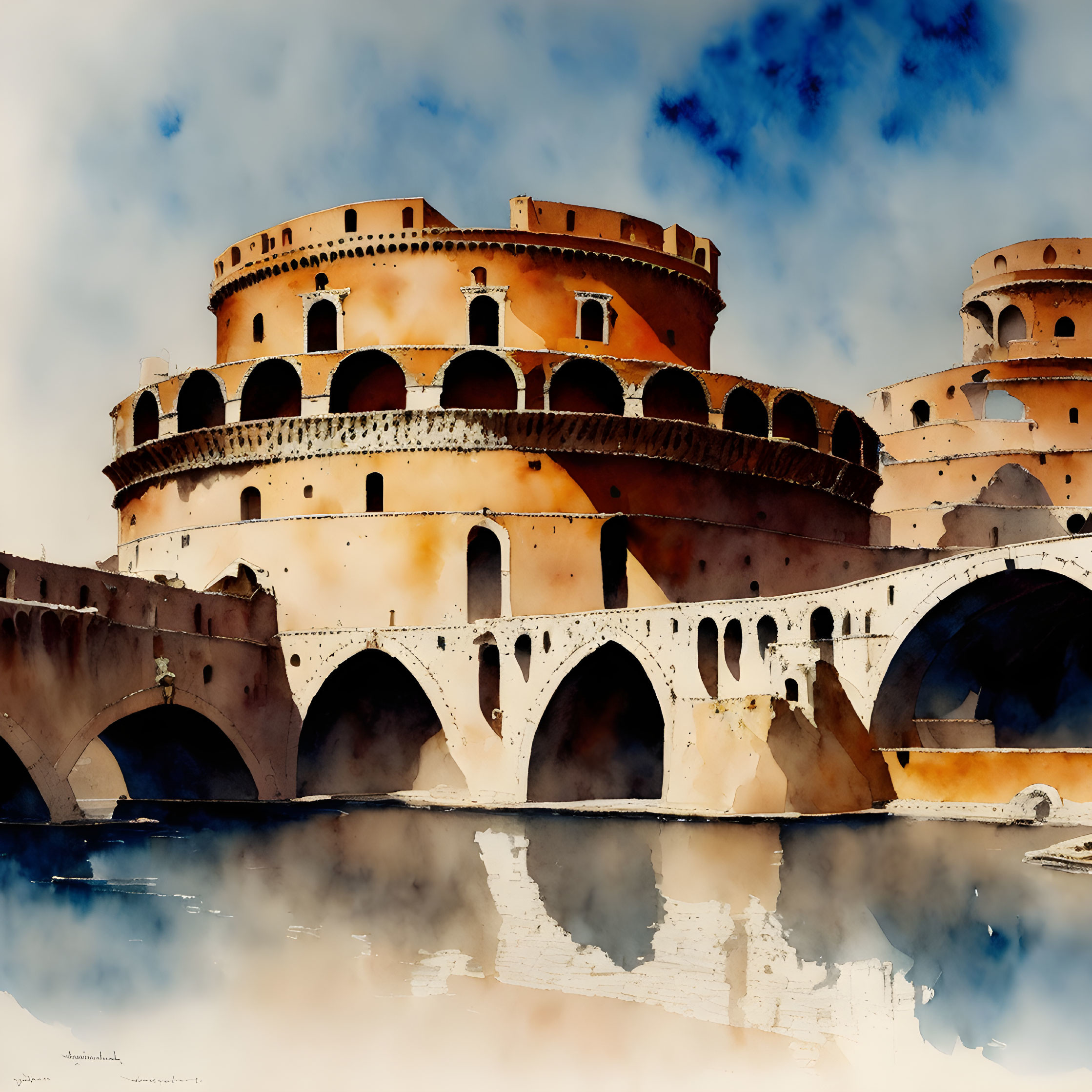 Stylized painting of Castel Sant'Angelo in Rome with dramatic sky and water reflections.