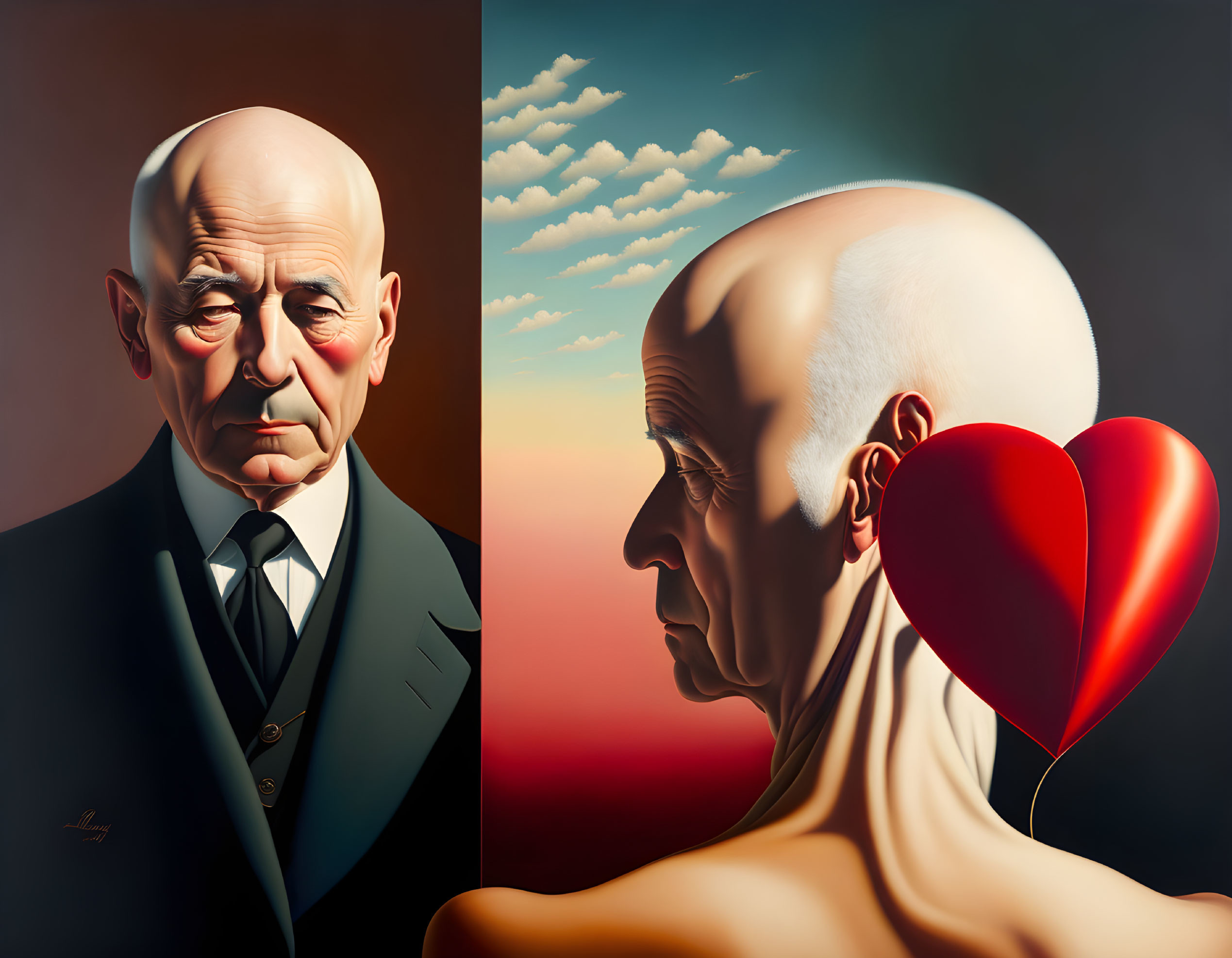 Bald Man Portrait with Contrasting Sides: Stern Face vs. Heart-Shaped Head