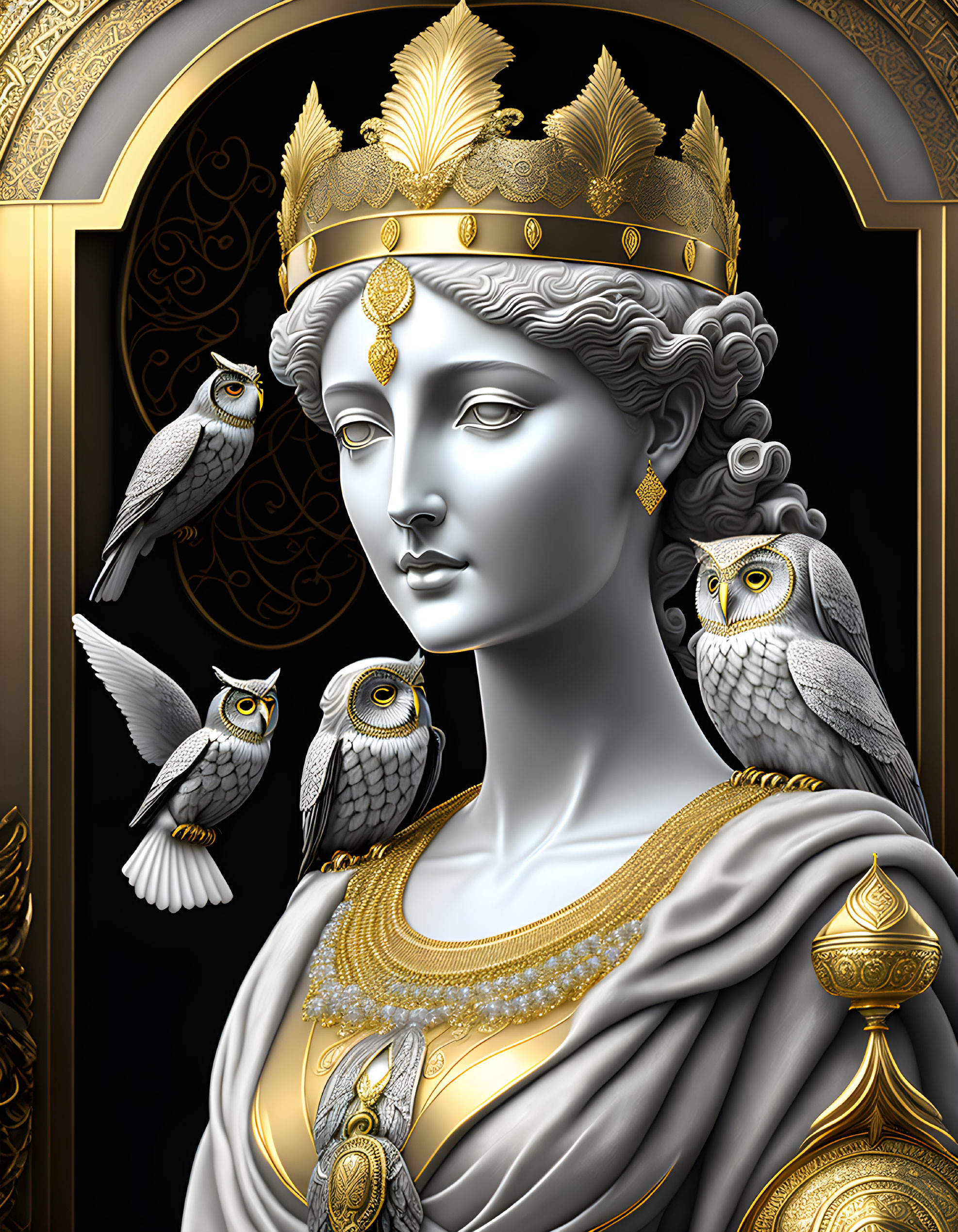 Regal woman with golden crown and owls on black and gold background