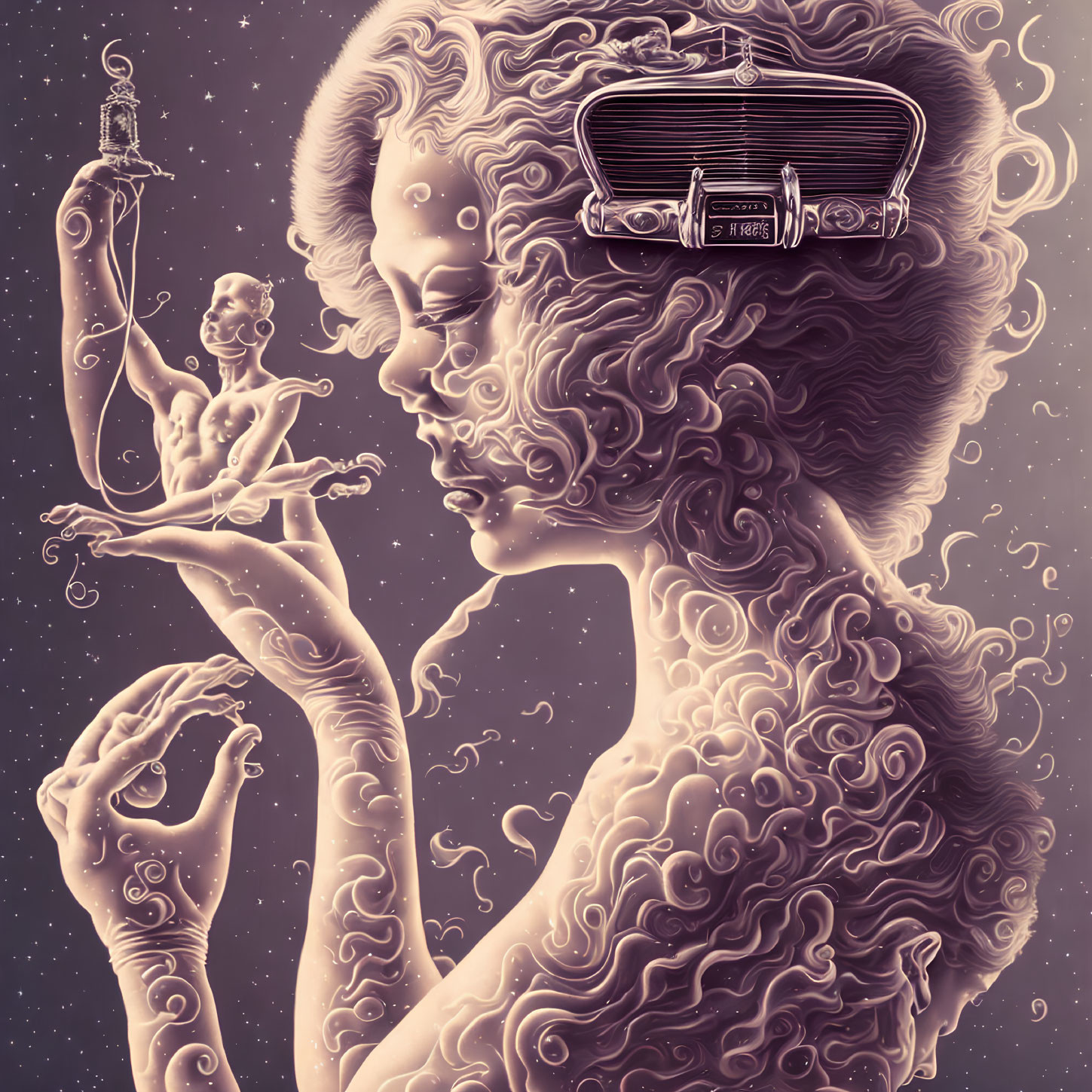 Surreal illustration of woman with swirling hair patterns and cassette player in head