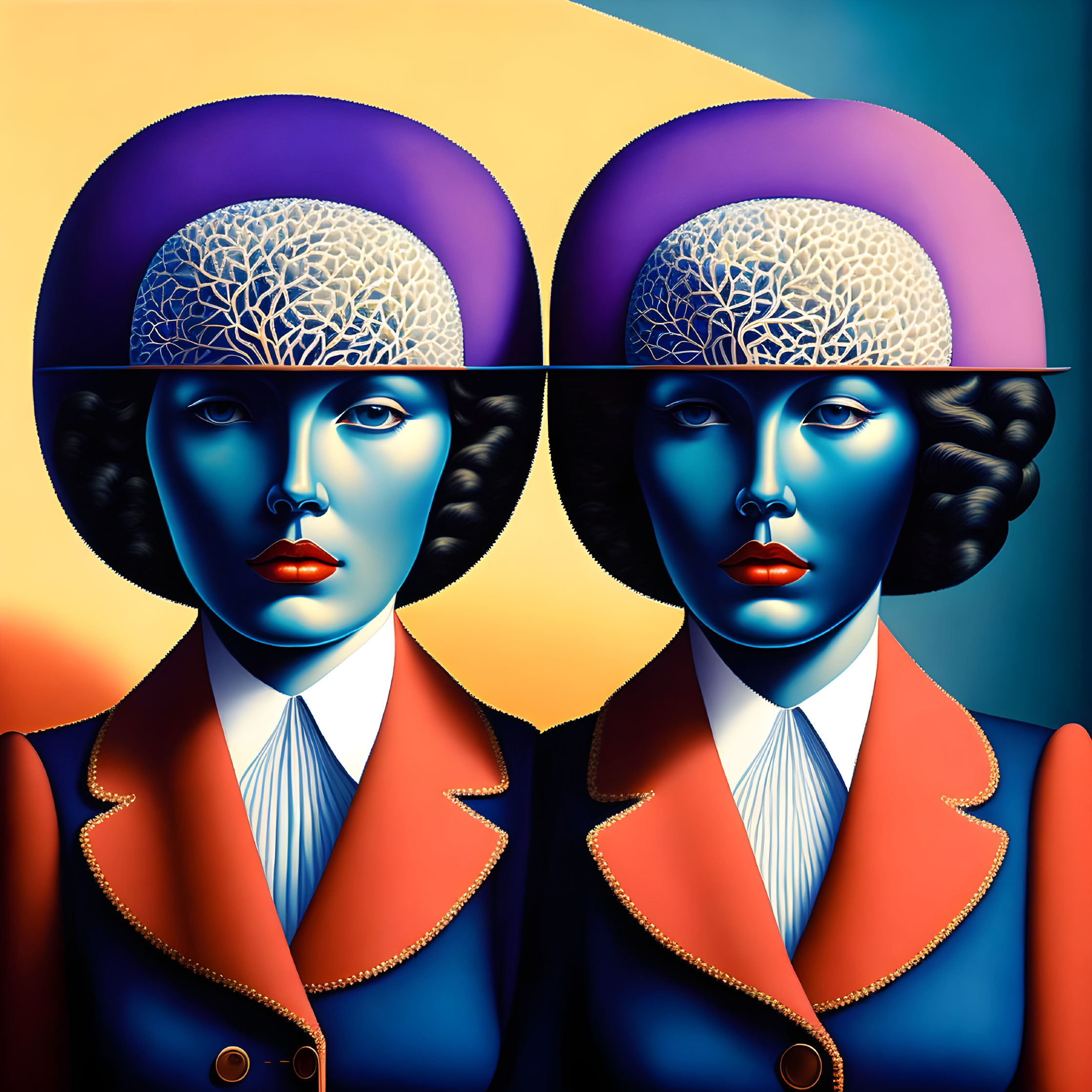 Surreal Artwork of Identical Female Figures with Visible Brains