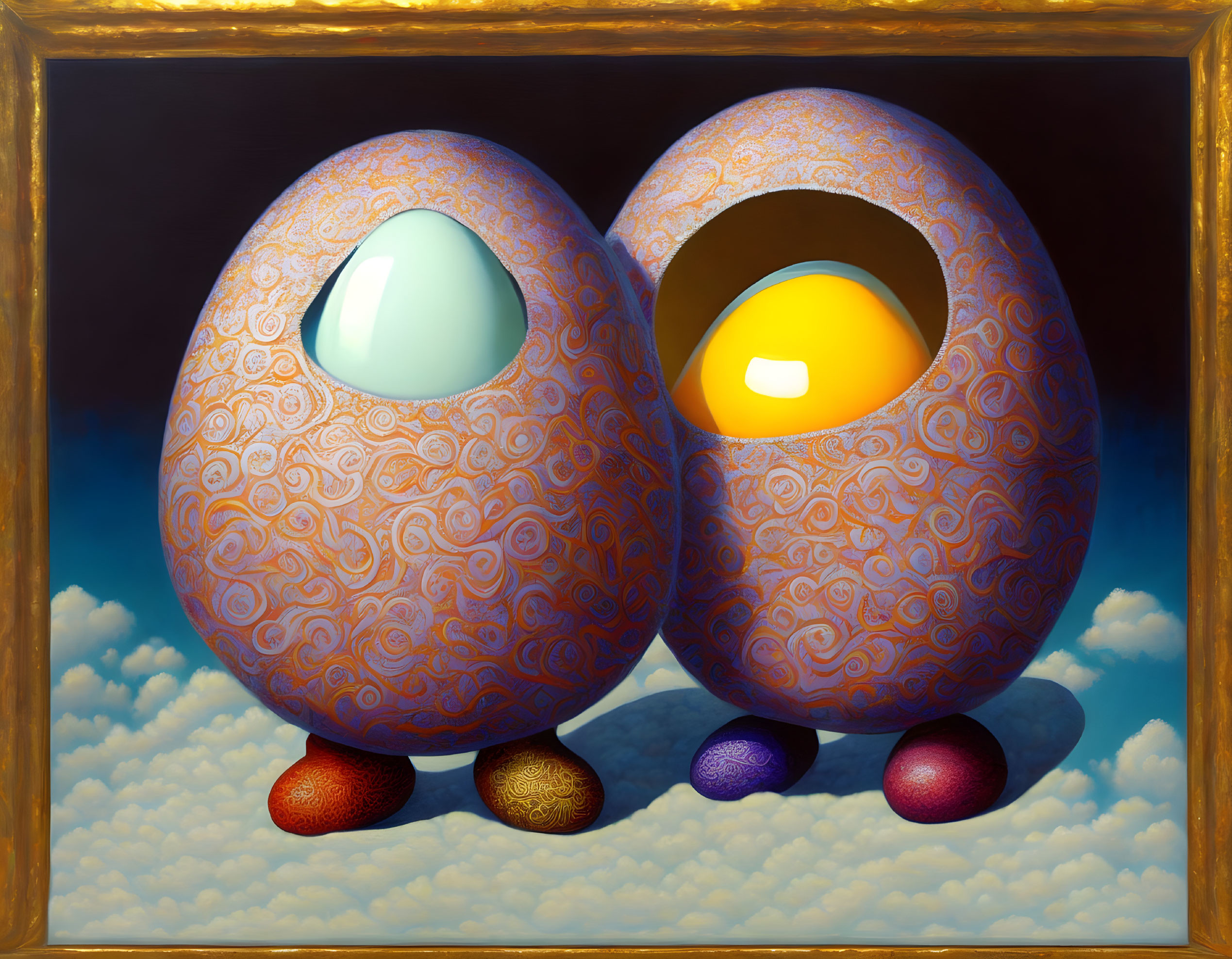 Whimsical humanoid egg characters with intricate patterns against cloudy sky