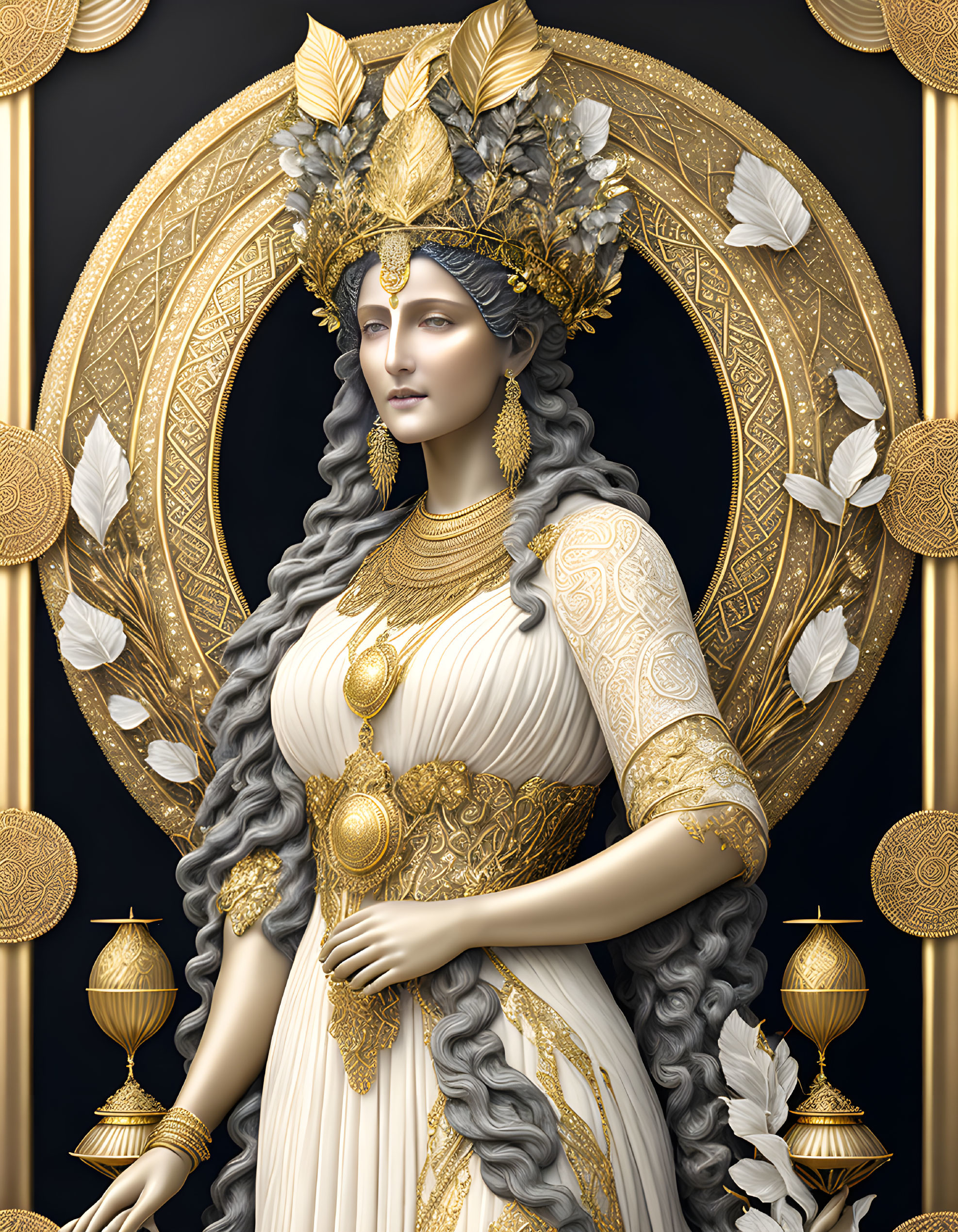 Detailed woman statue with headdress and golden jewelry on gold background.