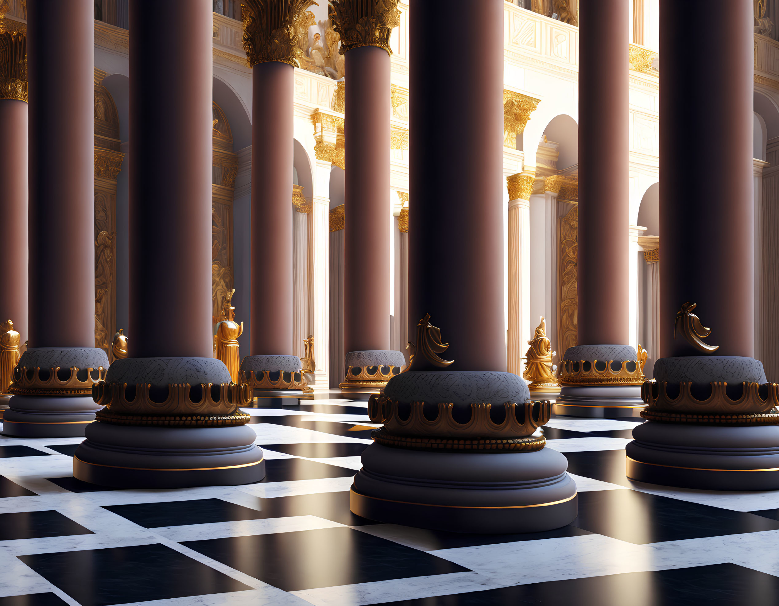 Luxurious Hall with Checkered Floor, Towering Columns, and Ornate Thrones