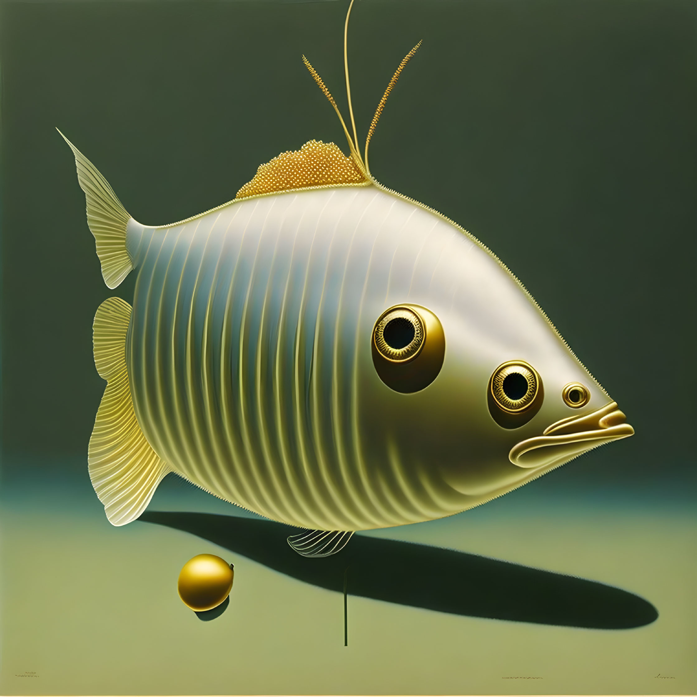 Surreal illustration of transparent fish with round eyes and thin fins