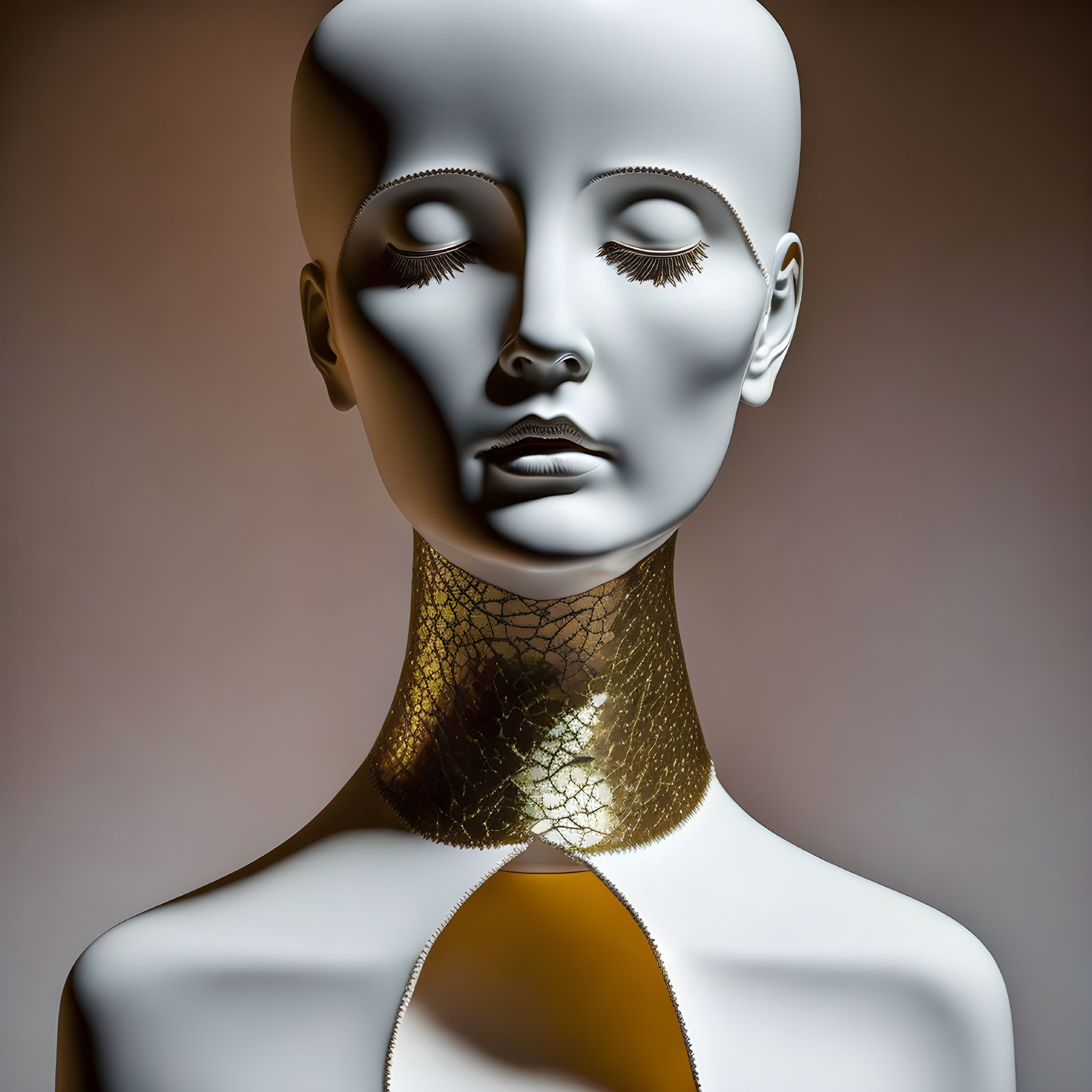 Mannequin bust with glossy finish and detailed facial features on beige background