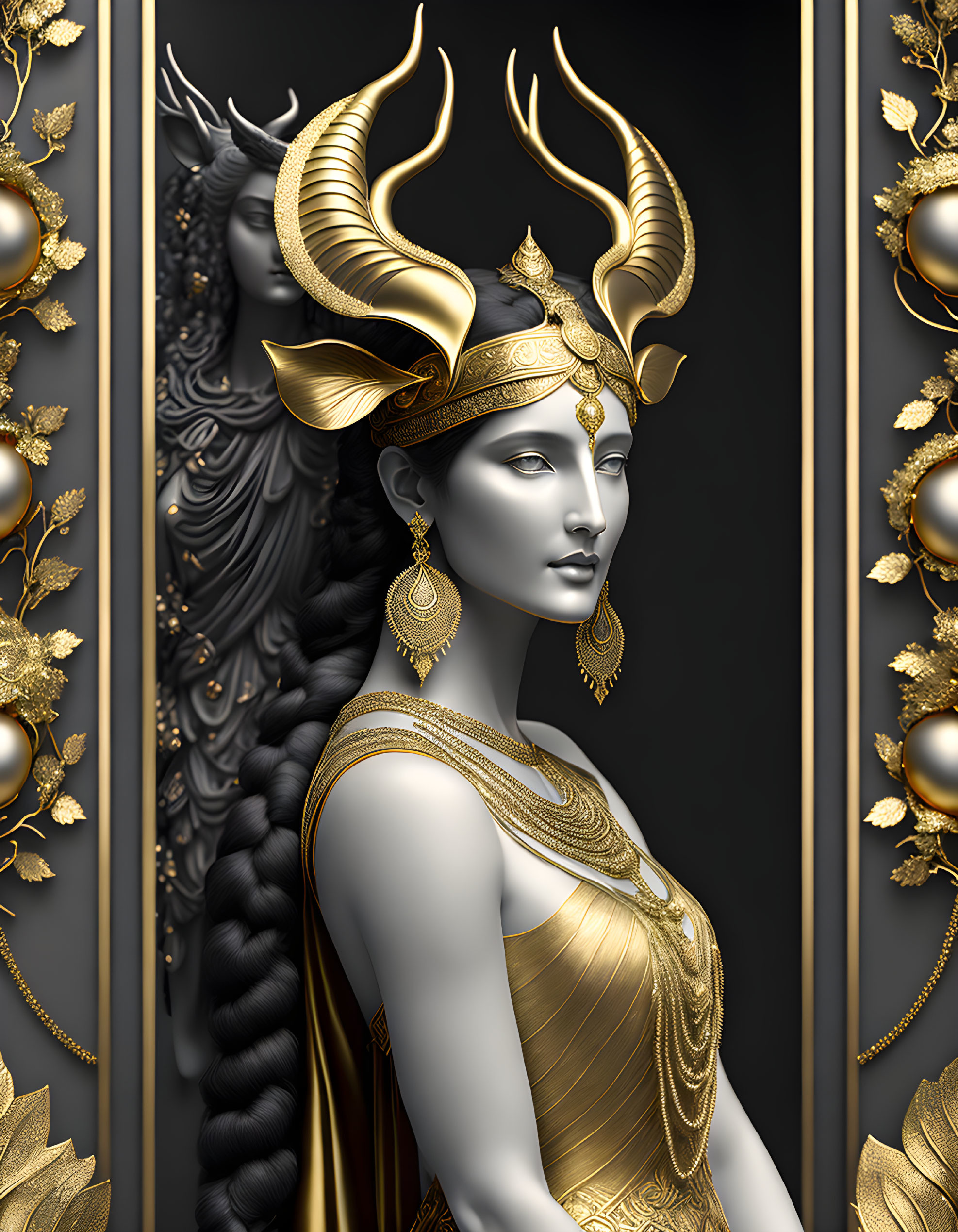 Monochromatic gold digital artwork of a woman in ornate attire