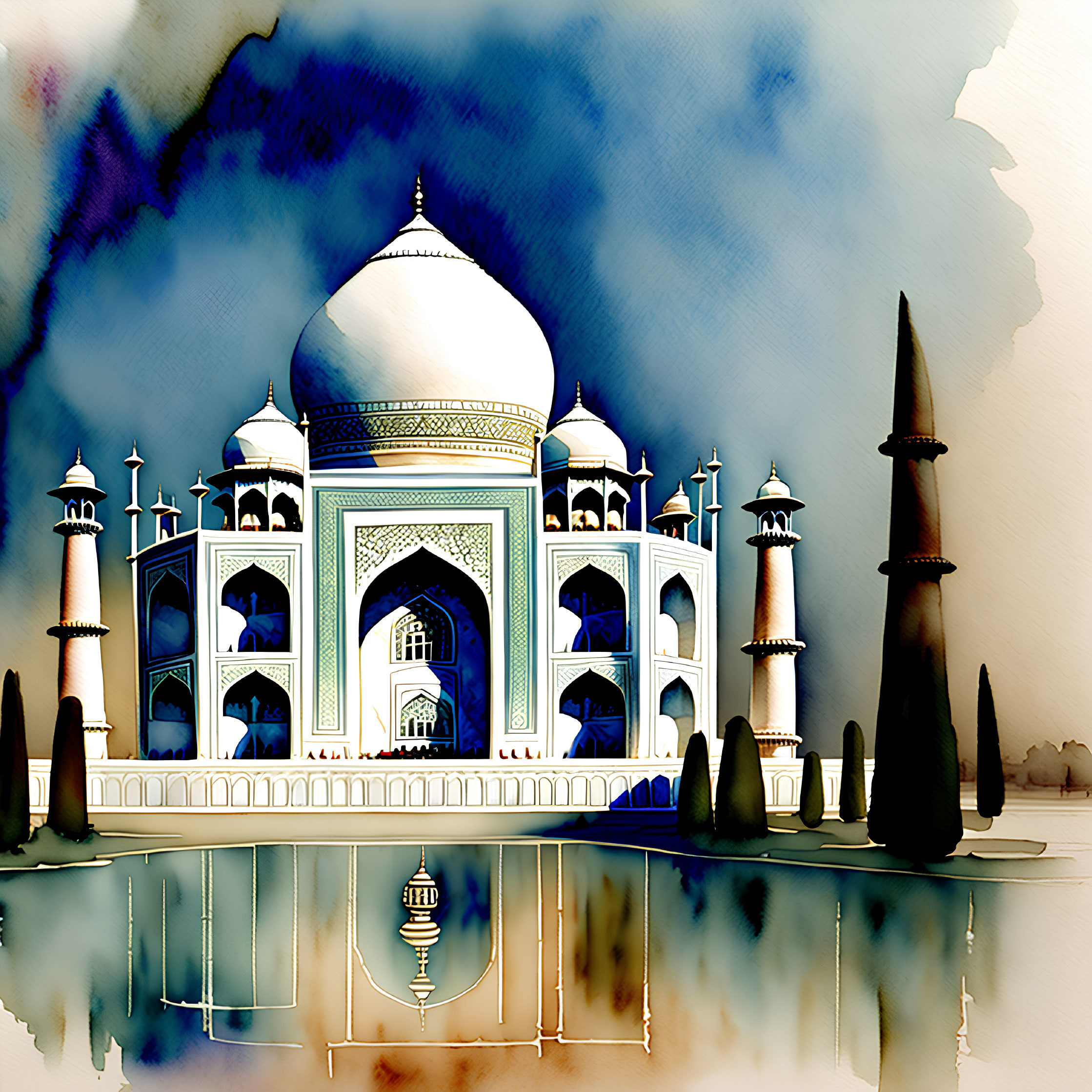 Stylized digital artwork of Taj Mahal with reflective water feature under dreamy blue sky