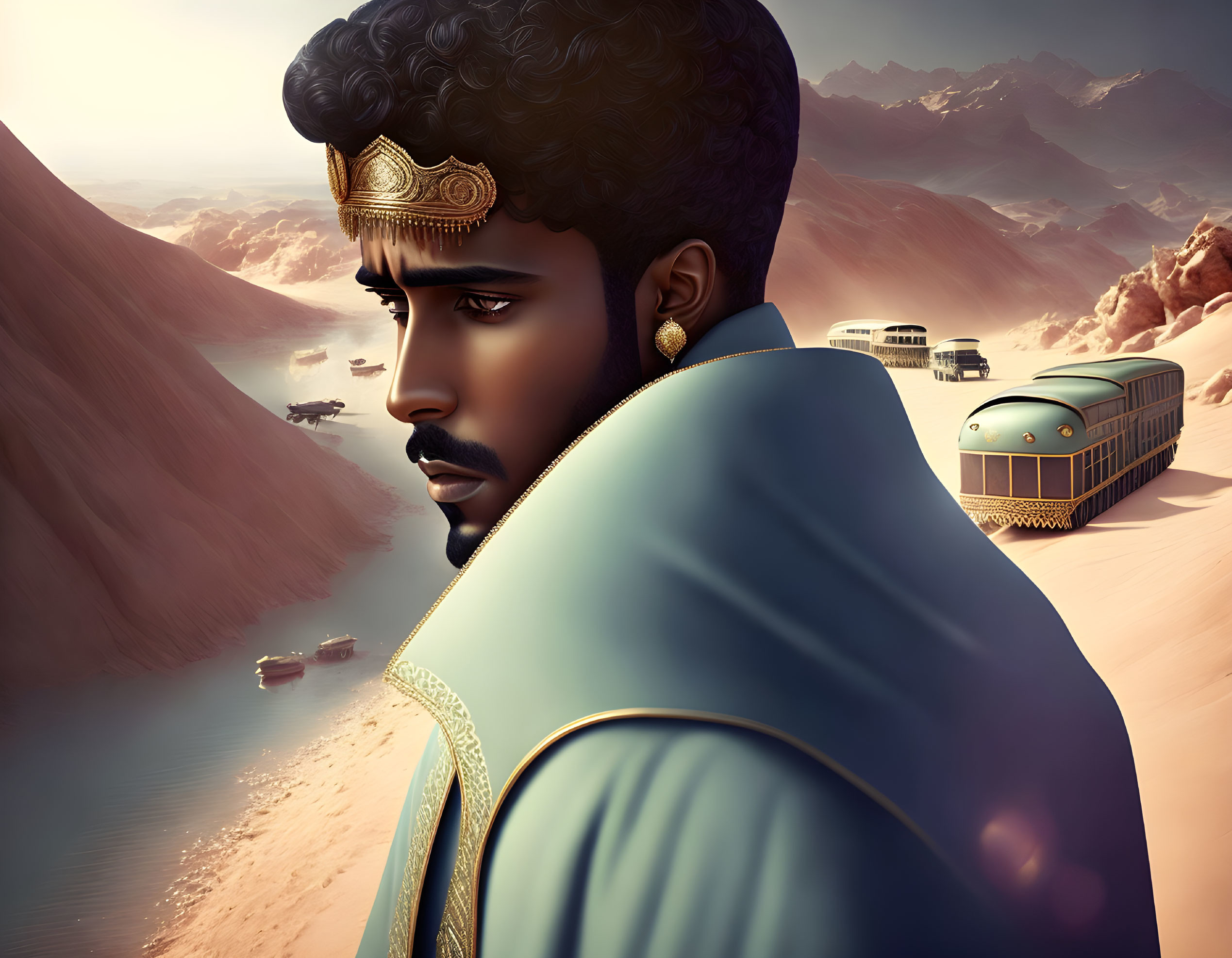 Illustrated man with beard and ornate headgear in futuristic desert landscape