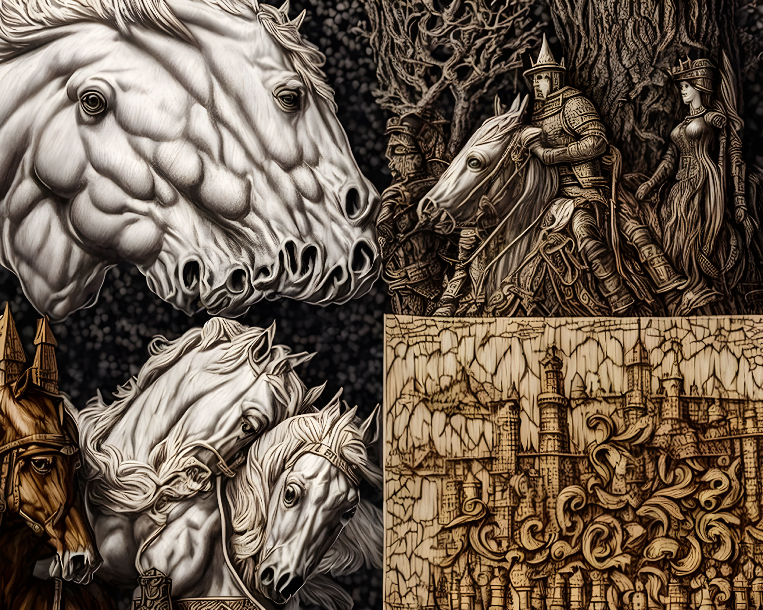 High-Contrast Artwork Collage: Horses and Medieval Knights