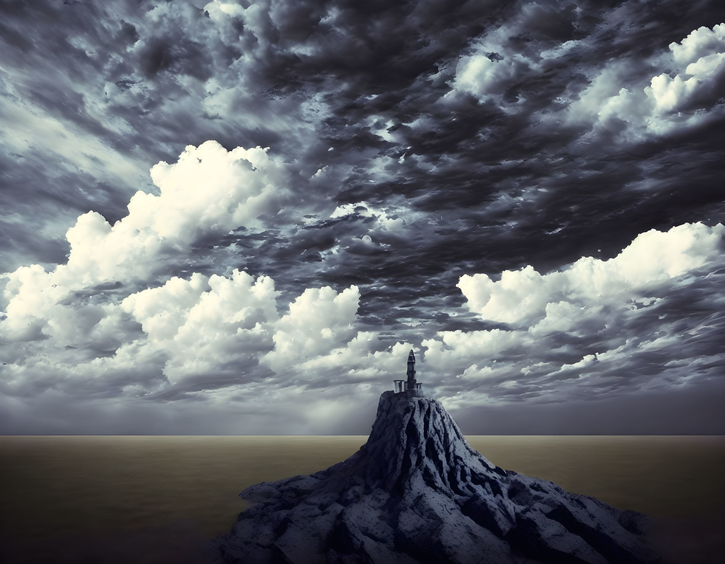 Lone lighthouse on rugged cliff under dramatic sky