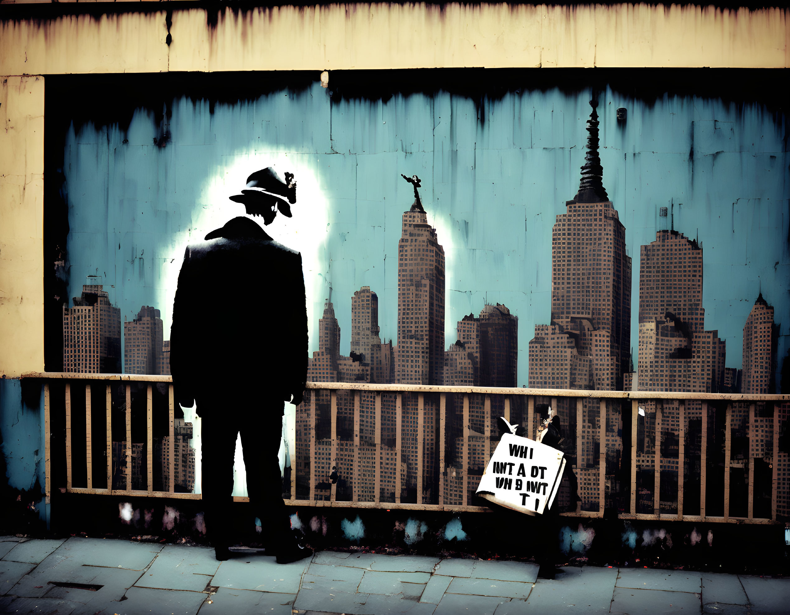 Silhouetted figure in hat against cityscape graffiti with mysterious sign and glowing circle.