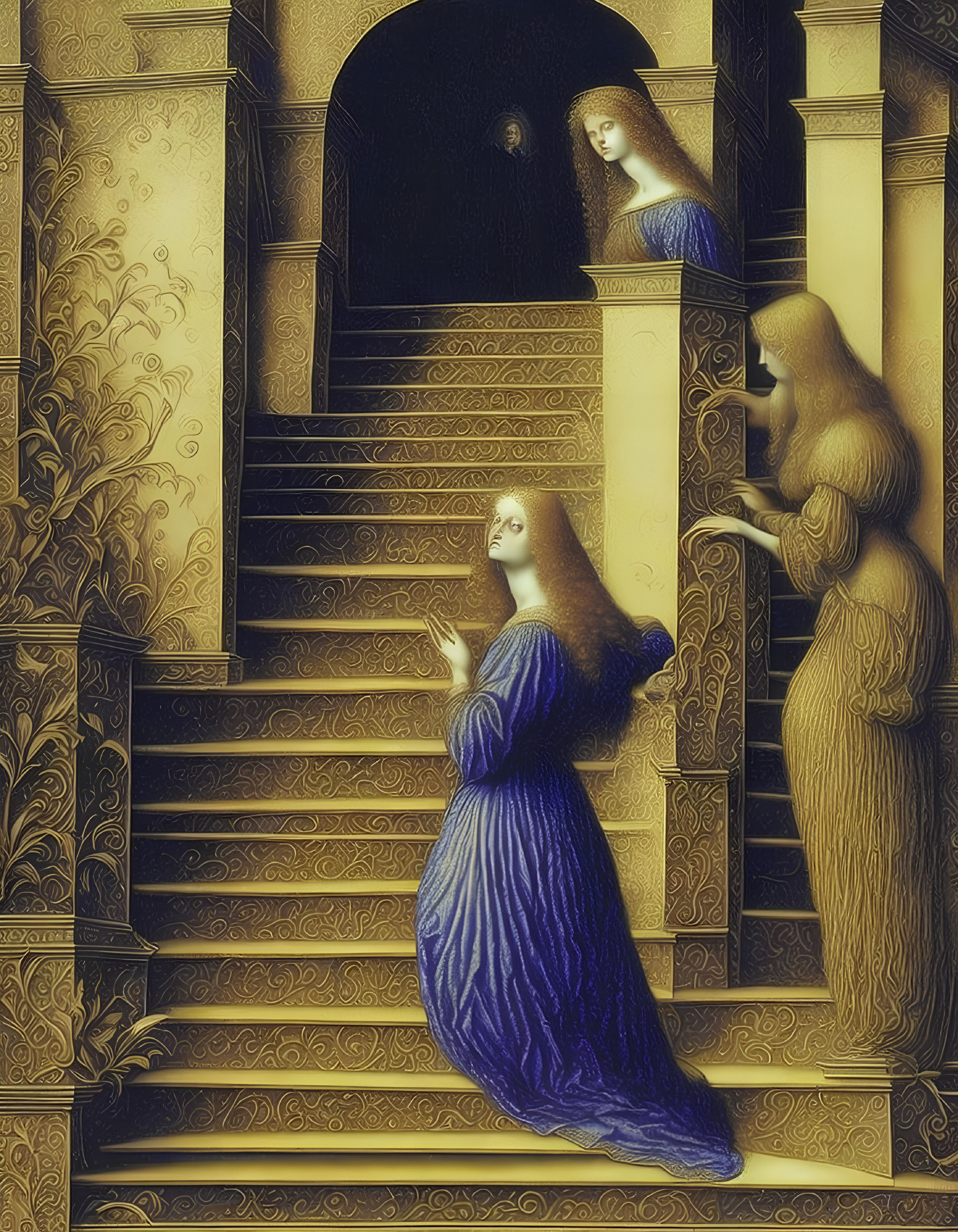 Three Women in Flowing Robes on Ornate Staircase with Golden Patterns