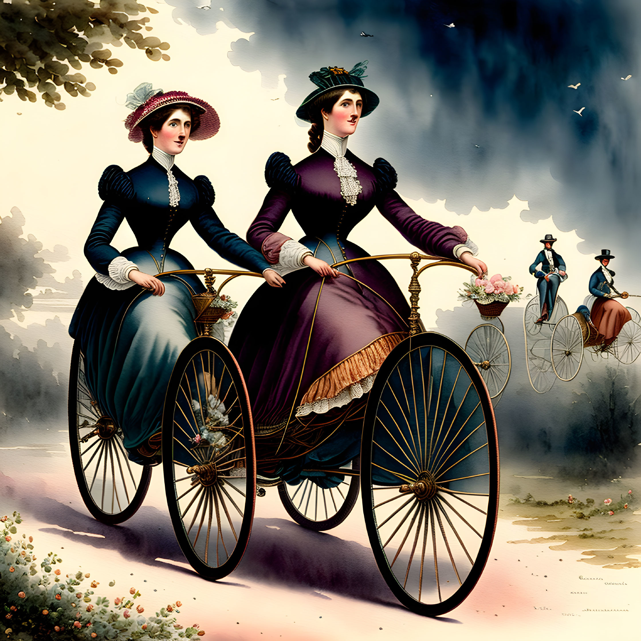 Victorian women on high-wheel bicycles with man in background under cloudy sky