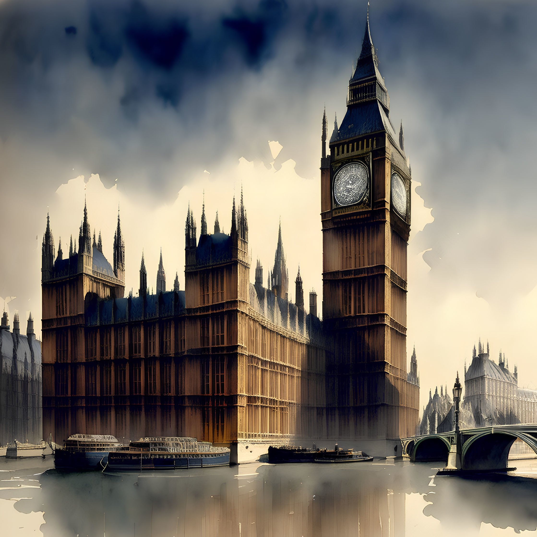 Iconic London skyline with Big Ben, Parliament, and Thames River in dramatic illustration