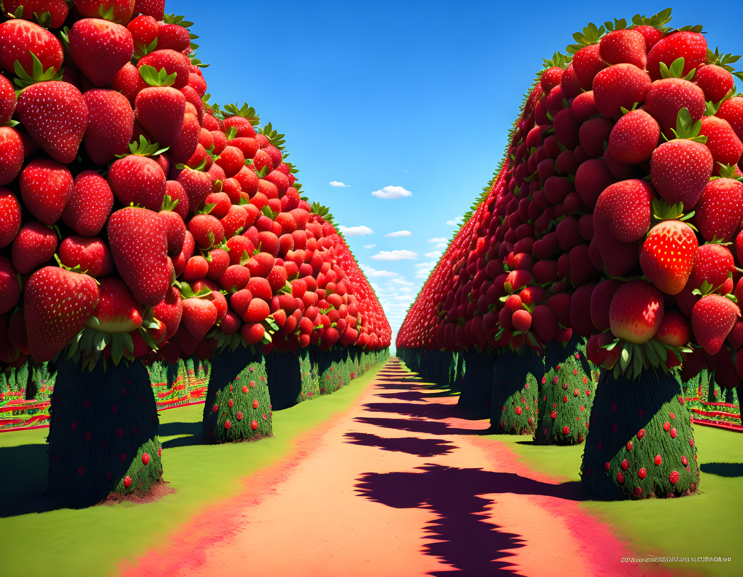 Whimsical landscape featuring trees with large strawberries under a clear blue sky