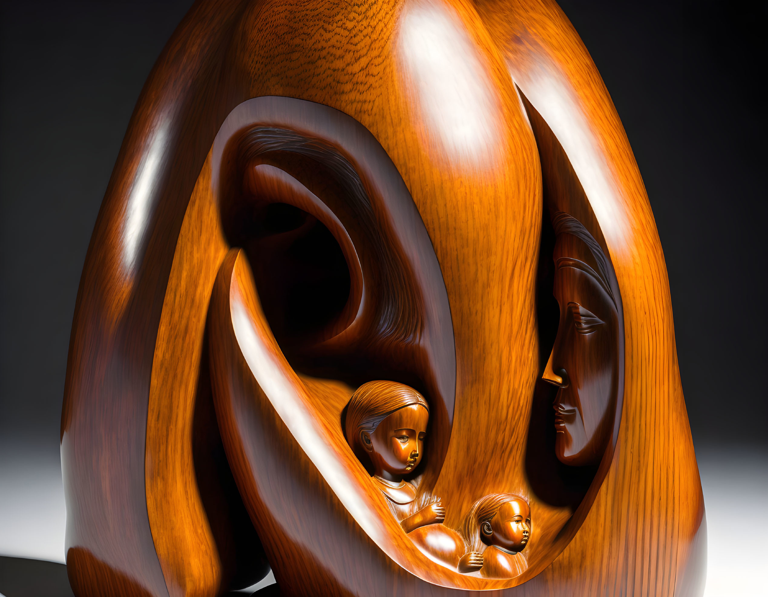 Intricate Wooden Sculpture of Family in Looping Structure